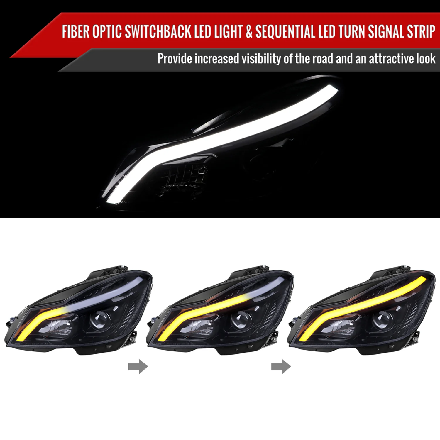 2012-2014 Mercedes-Benz W204 C-Class LED Bar Projector Headlights Smoke - Image 2