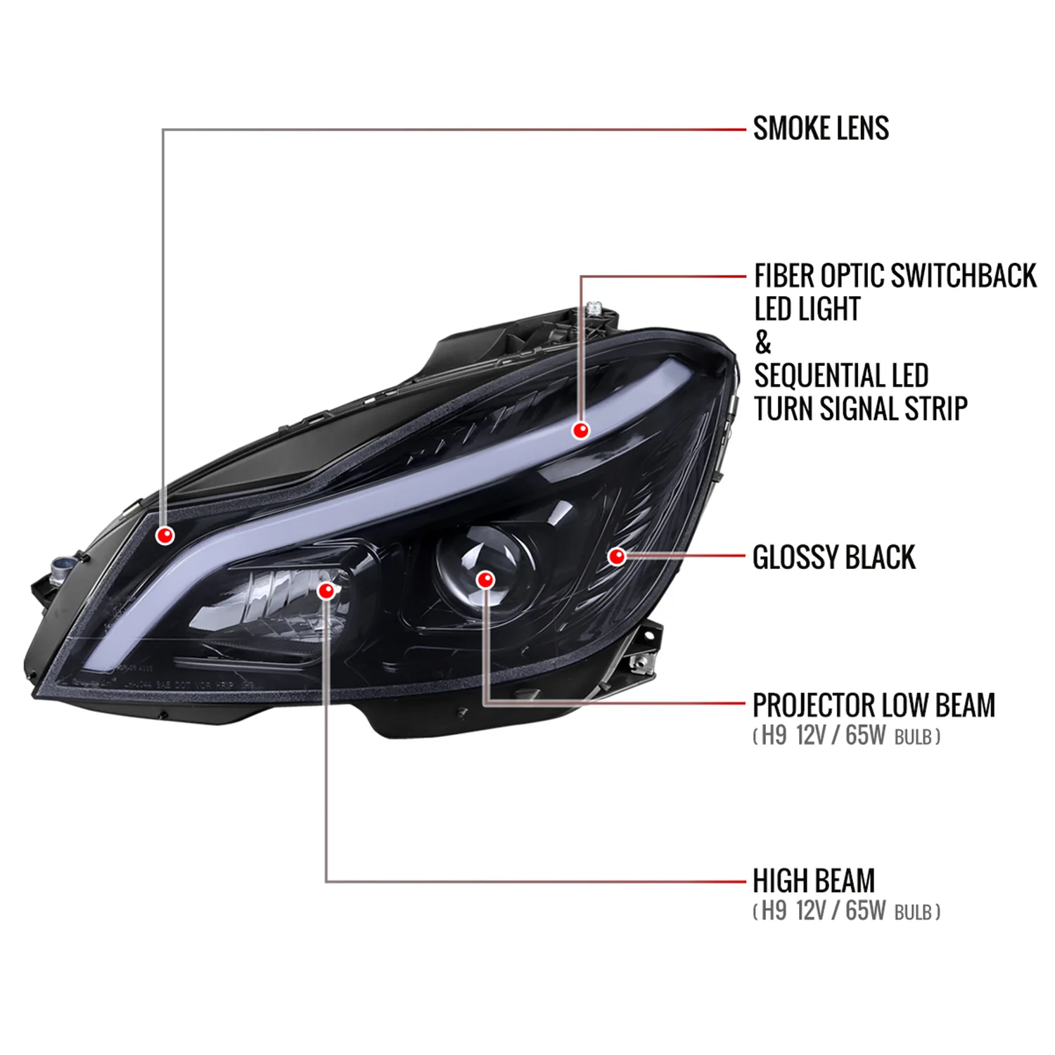 2012-2014 Mercedes-Benz W204 C-Class LED Bar Projector Headlights Smoke - Image 8