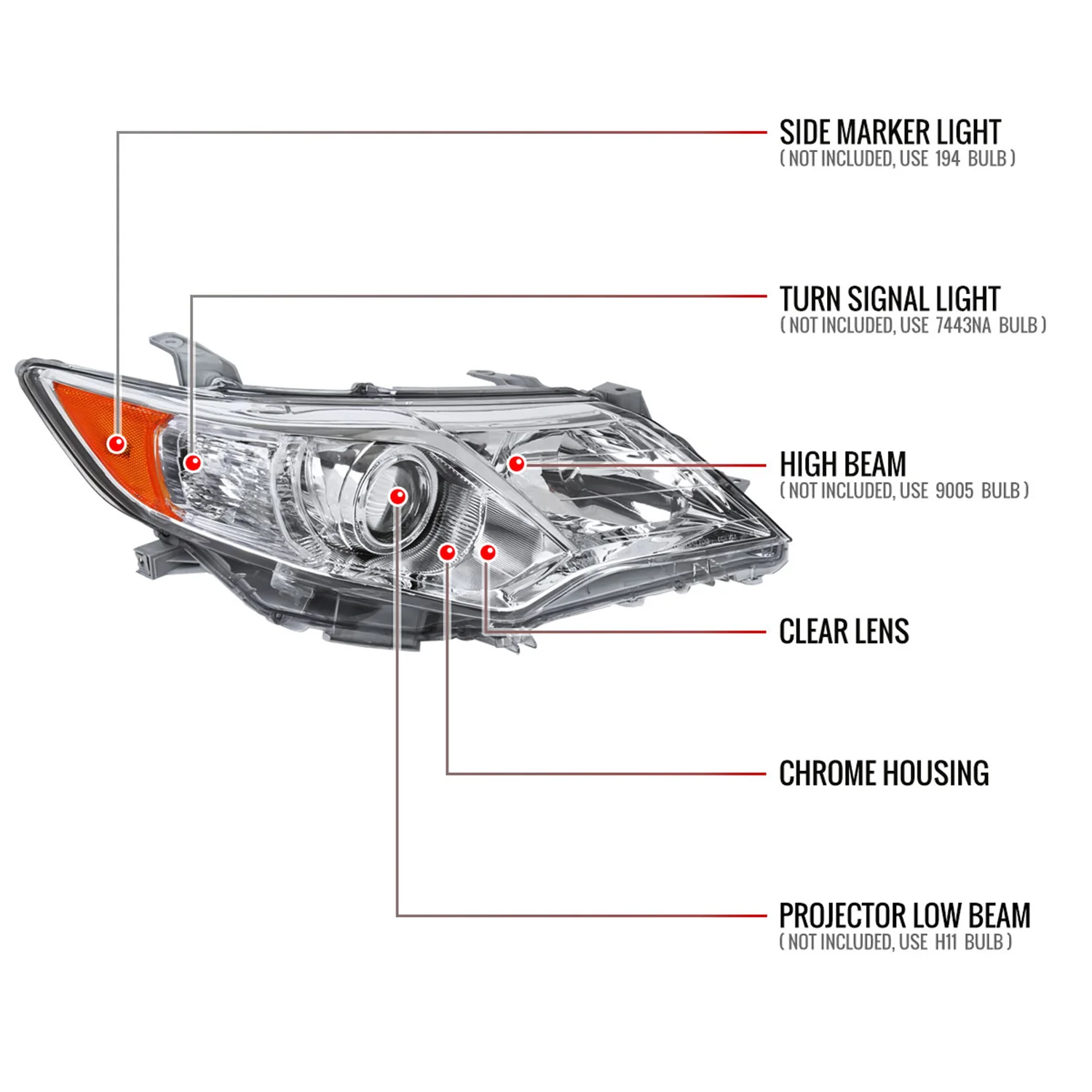 2012-2014 Toyota Camry Headlights Amber Reflectors Passenger Side Chrome - Image 8