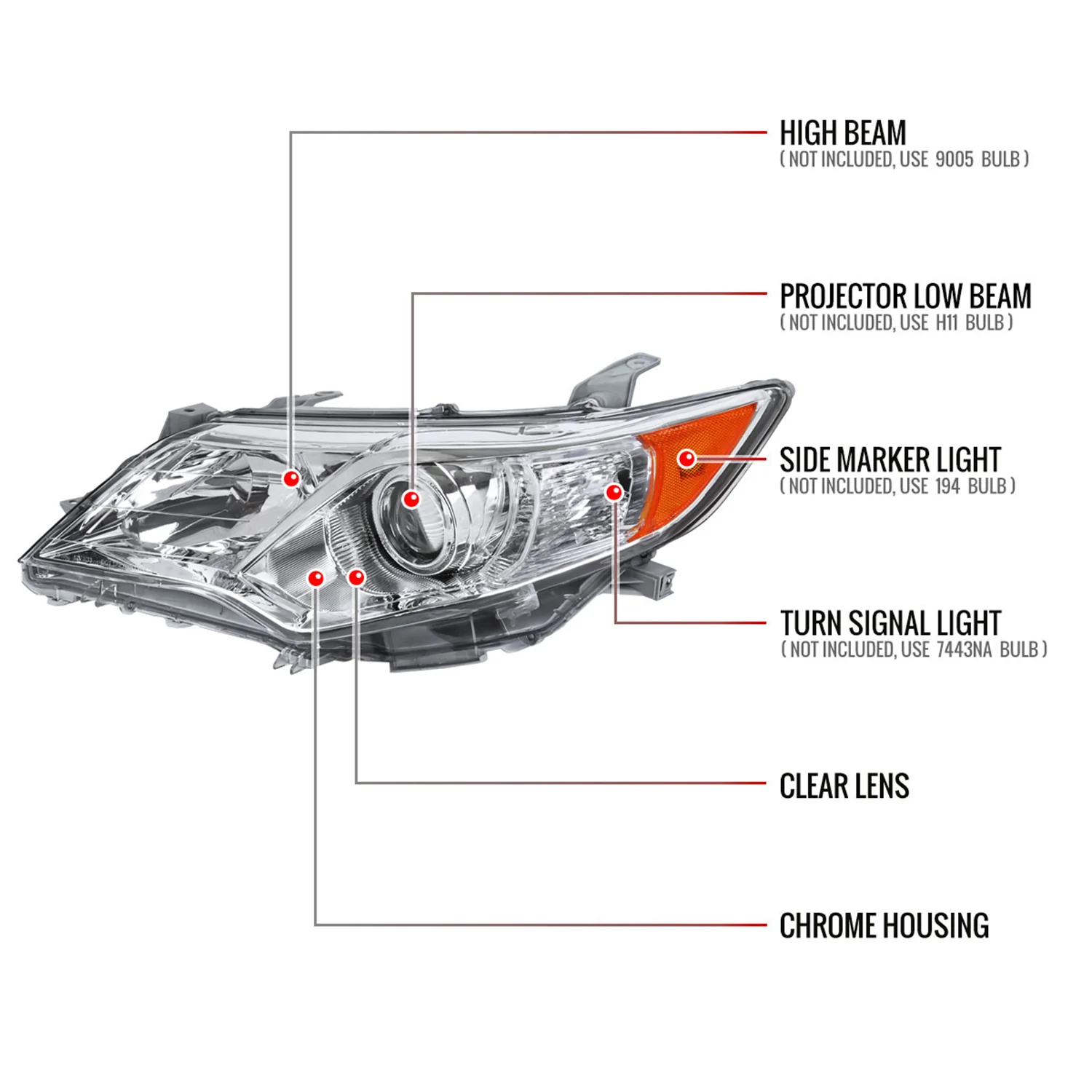 2012-2014 Toyota Camry Projector Headlights w/ Amber Reflectors Chrome/Clear - Image 8