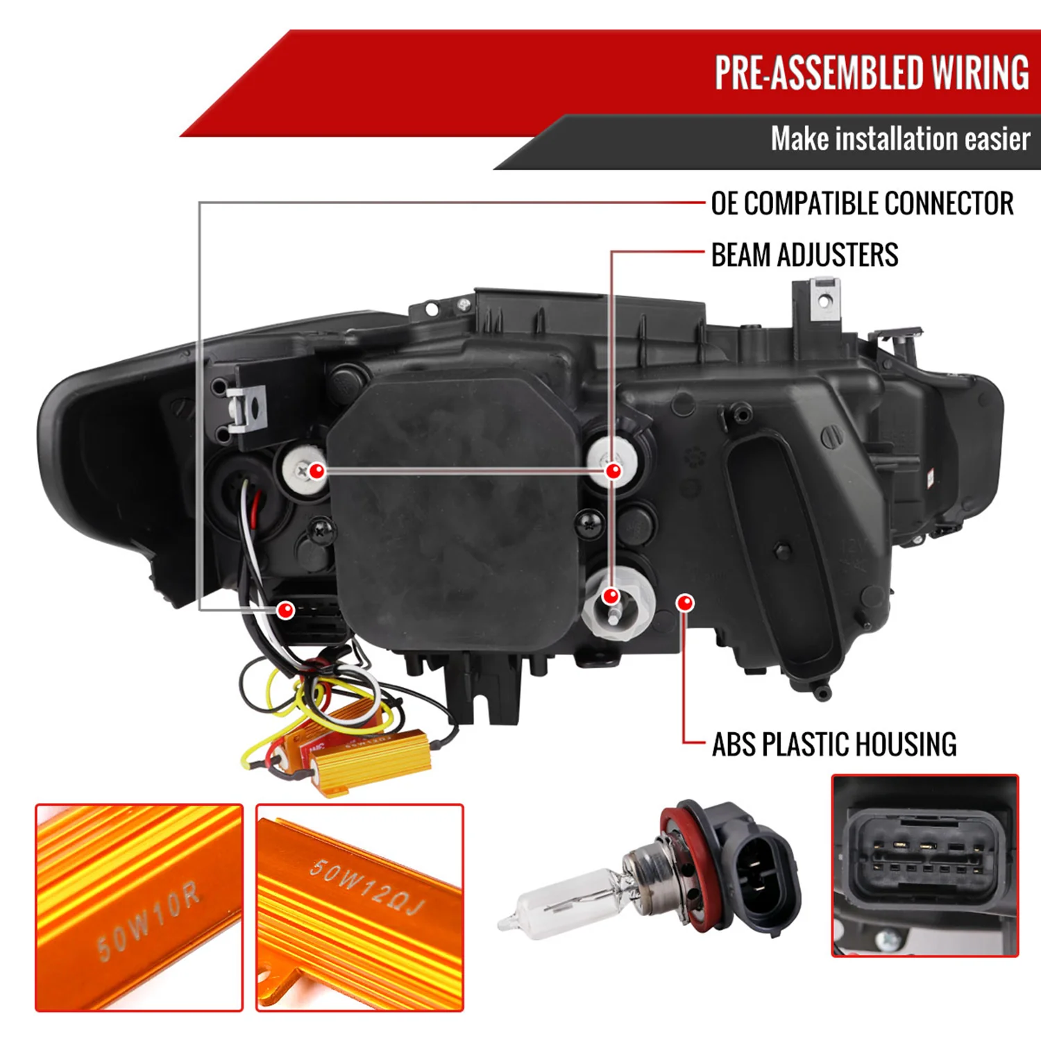 2012-2015 BMW F30 3 Series Sedan Dual U-Bar Headlights LED Signal Lights Black - Image 7