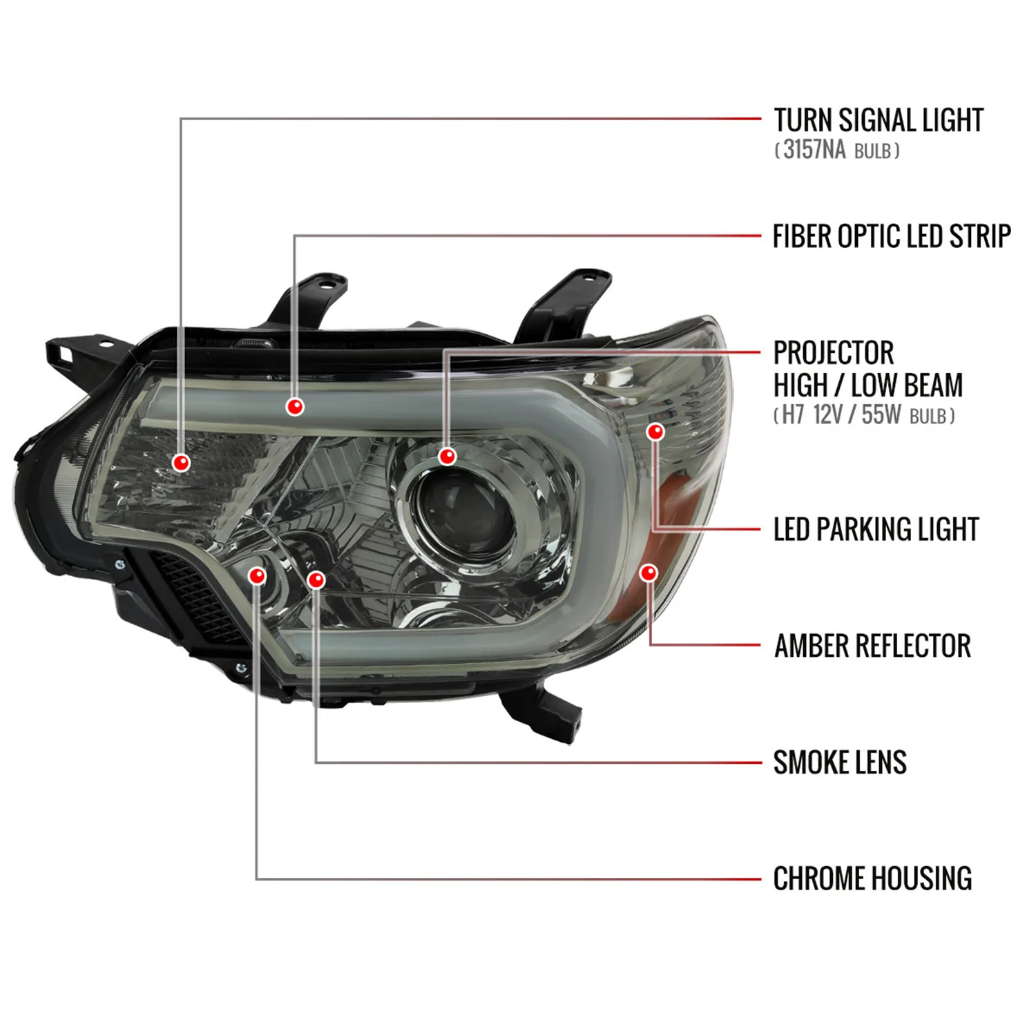 2012-2015 Toyota Tacoma LED C-Bar Headlights LED Parking Light Chrome/Smoke - Image 8