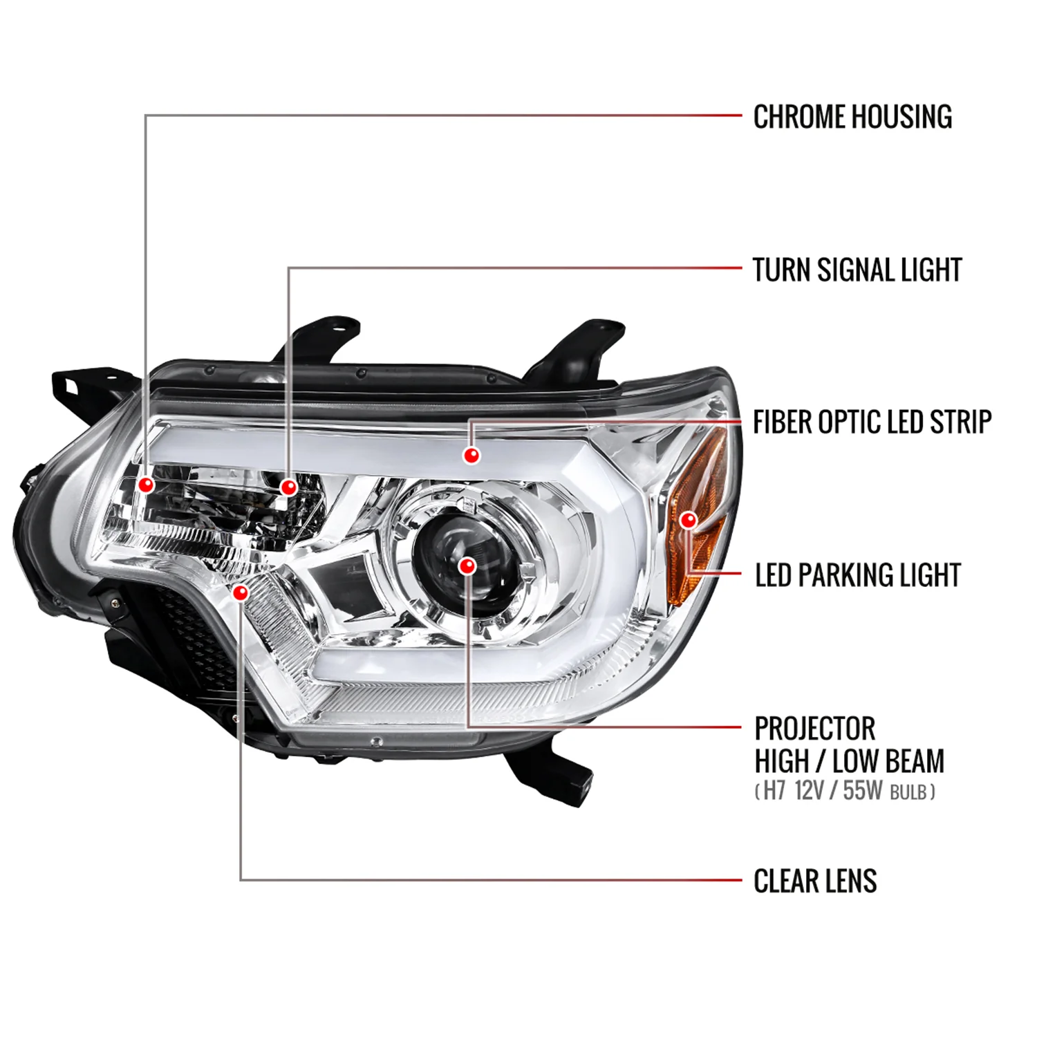 2012-2015 Toyota Tacoma LED C-Bar Projector Headlights Chrome/Clear Lens - Image 8