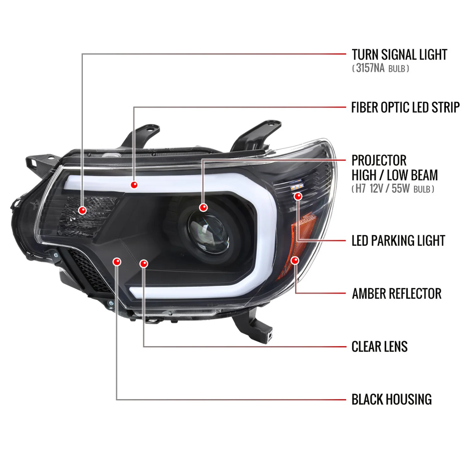 2012-2015 Toyota Tacoma LED CBar Projector Headlights LED Parking Light Black - Image 8