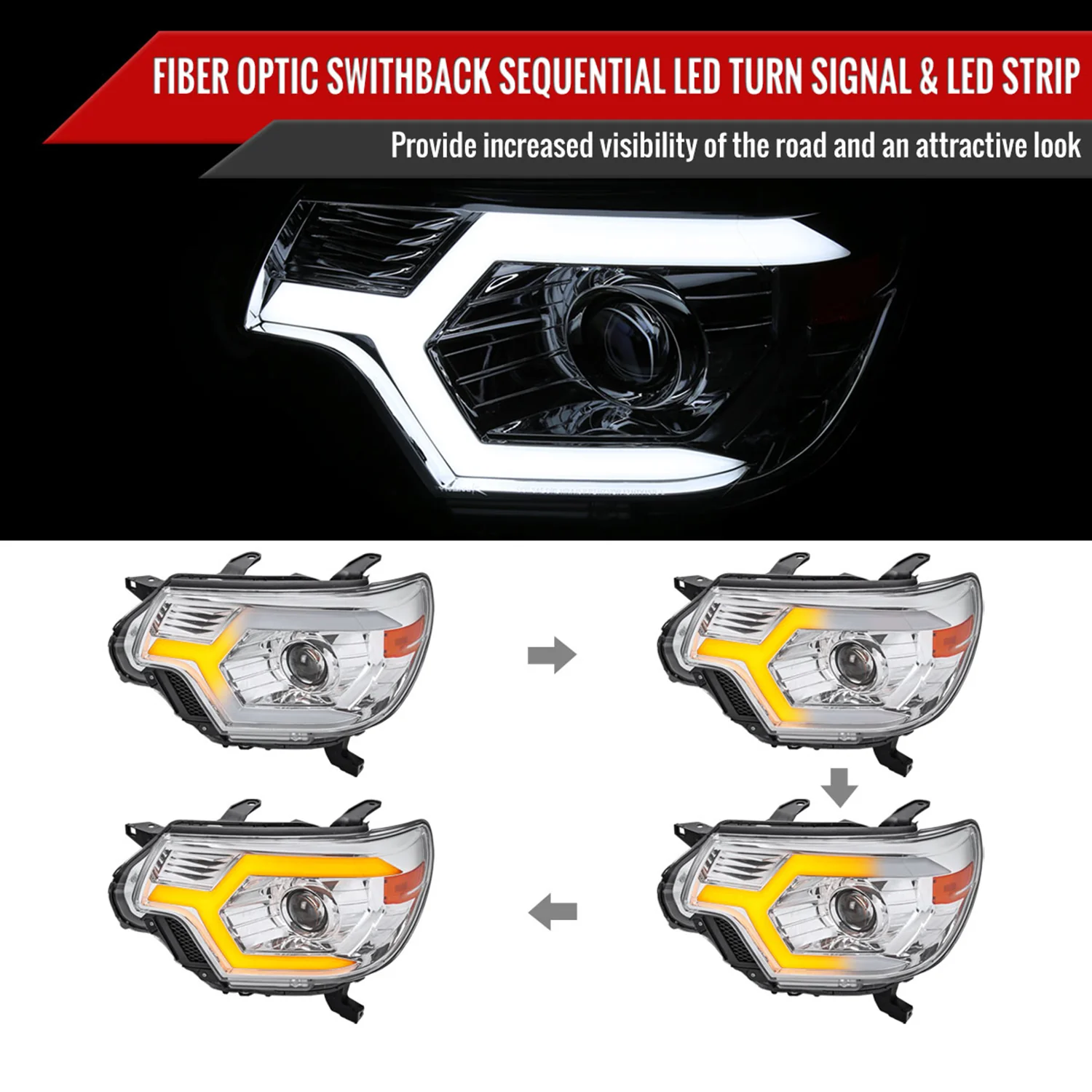 2012-2015 Toyota Tacoma Sequential LED Bar Projector Headlights Chrome - Image 2