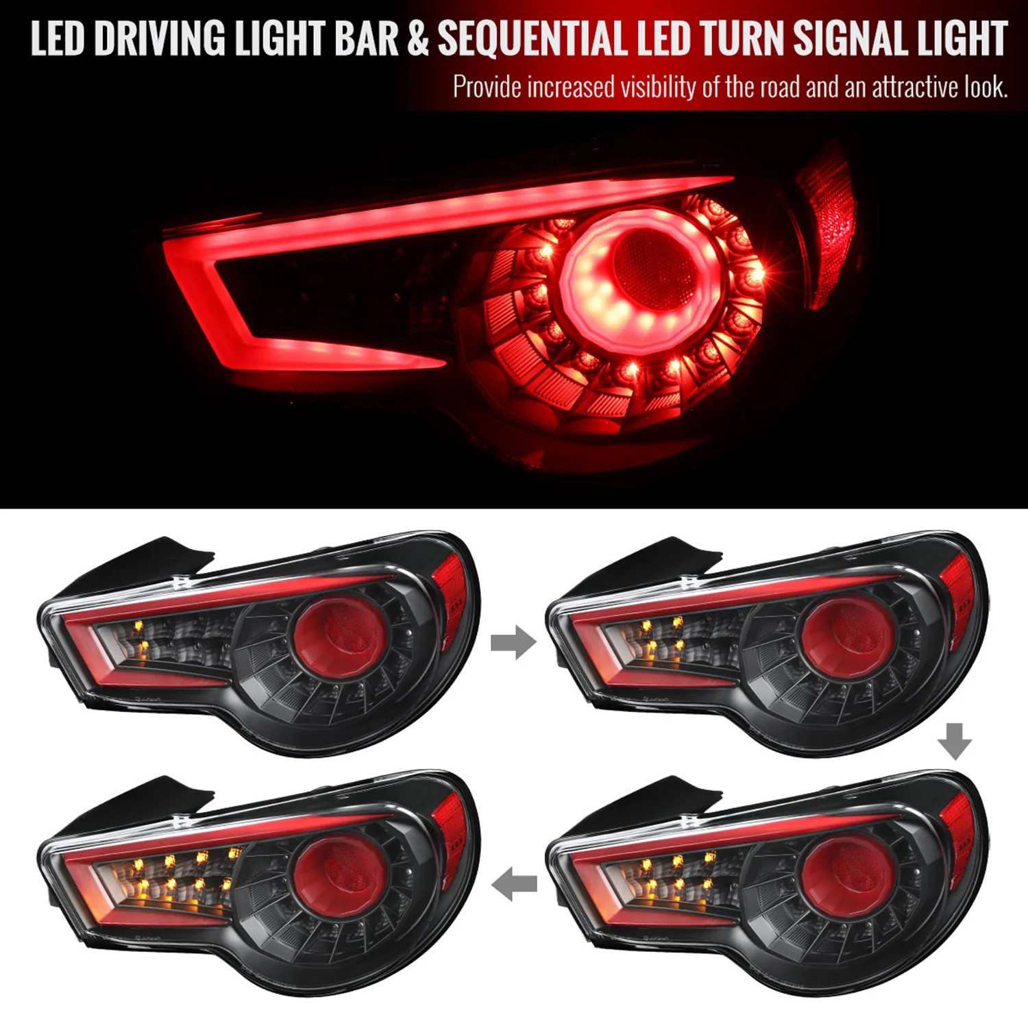 2012-2016 Scion FRS/ Subaru BRZ/ Toyota 86 Red Bar LED Tail Lights Satin Black - Image 2
