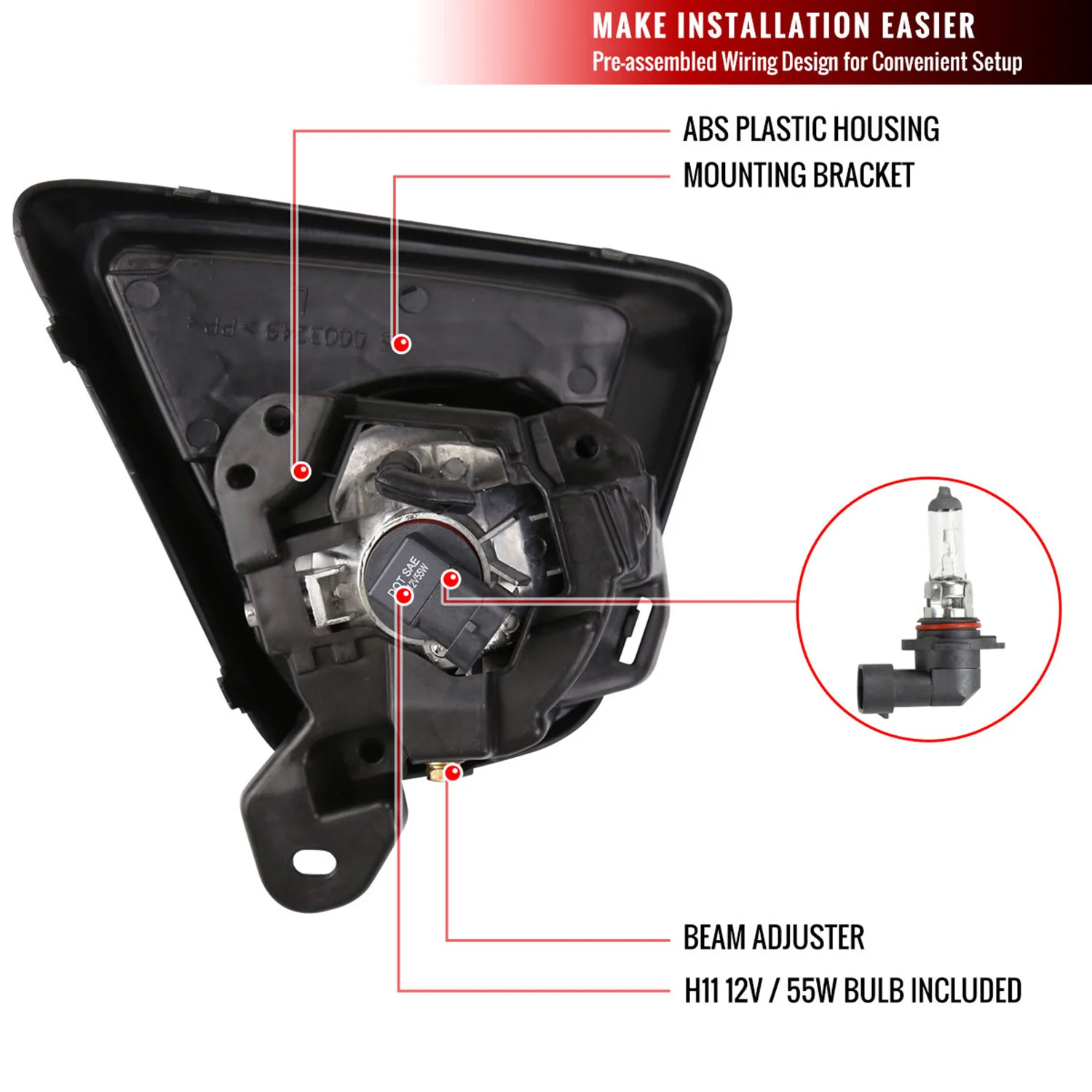 2013-2016 Mazda CX-5 H11 Fog Lights Kit w/Switch & Wiring Harness Chrome/Clear - Image 8
