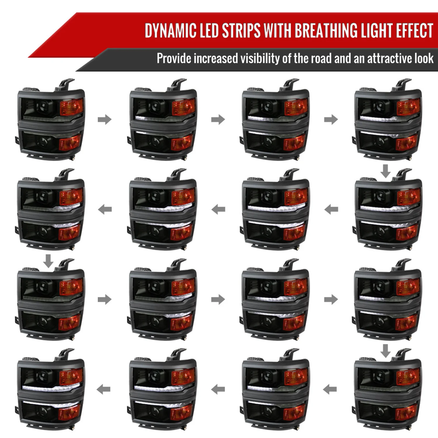 2014-2015 Chevy Silverado 1500 LED Bar Projector Headlights Smoke/Smoke Trim - Image 3