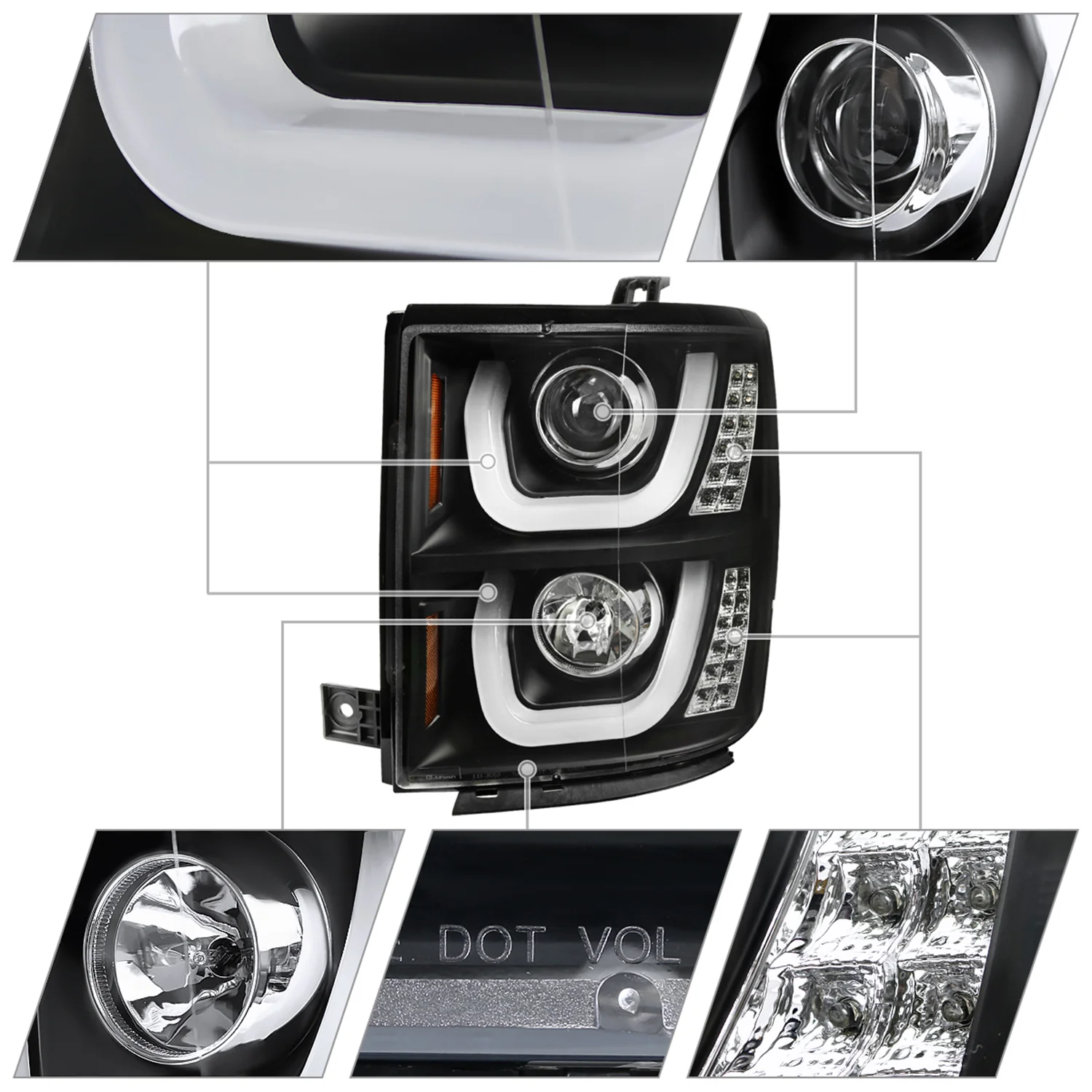 2014-2015 Chevy Silverado 1500 LED U-Bar Headlights LED Signal Lights Black - Image 2