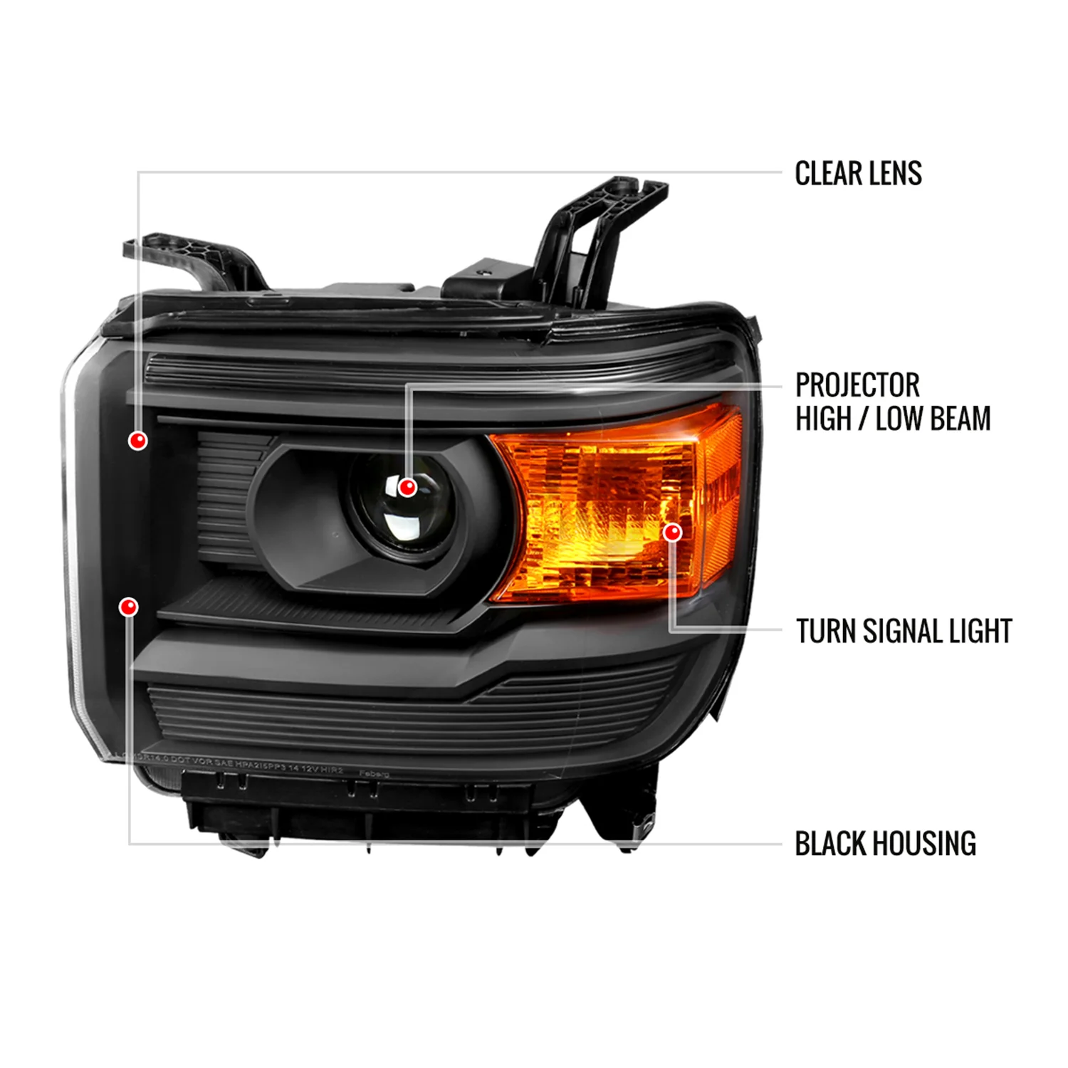 2014-2019 GMC Sierra 1500/2500HD/3500HD Headlights Amber Reflectors Black - Image 8
