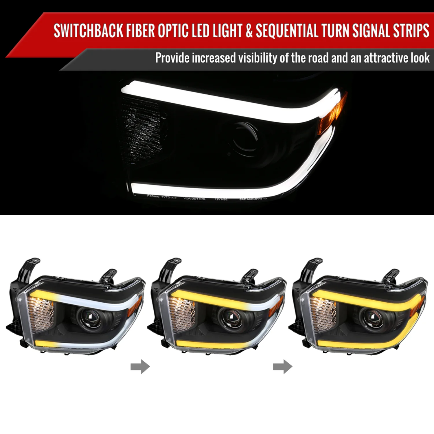 2014-2021 Toyota Tundra LED Turn Signal LED Bar Projector Headlights Black - Image 2