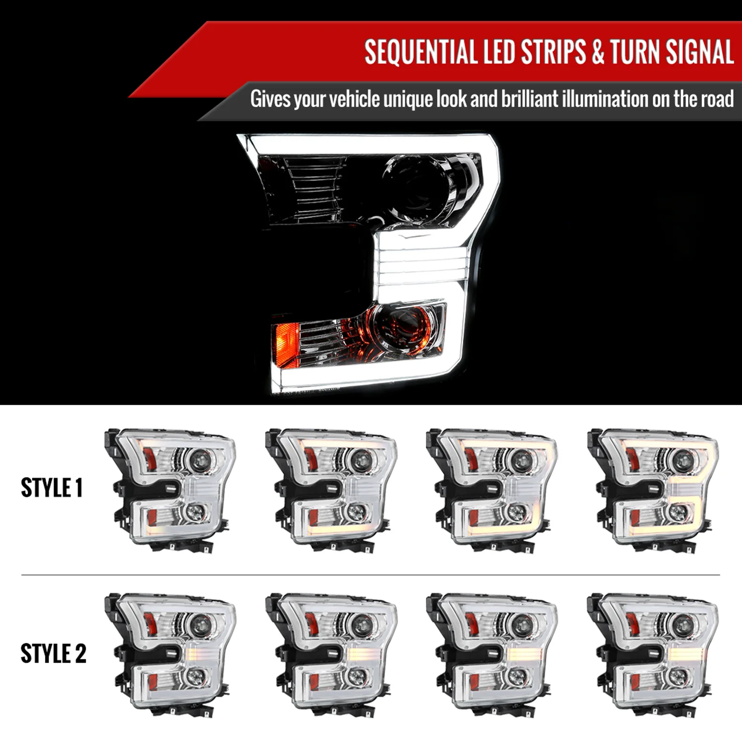 2015-2017 Ford F-150 LED Bar Projector Headlights Turn Signals Chrome / Clear - Image 2