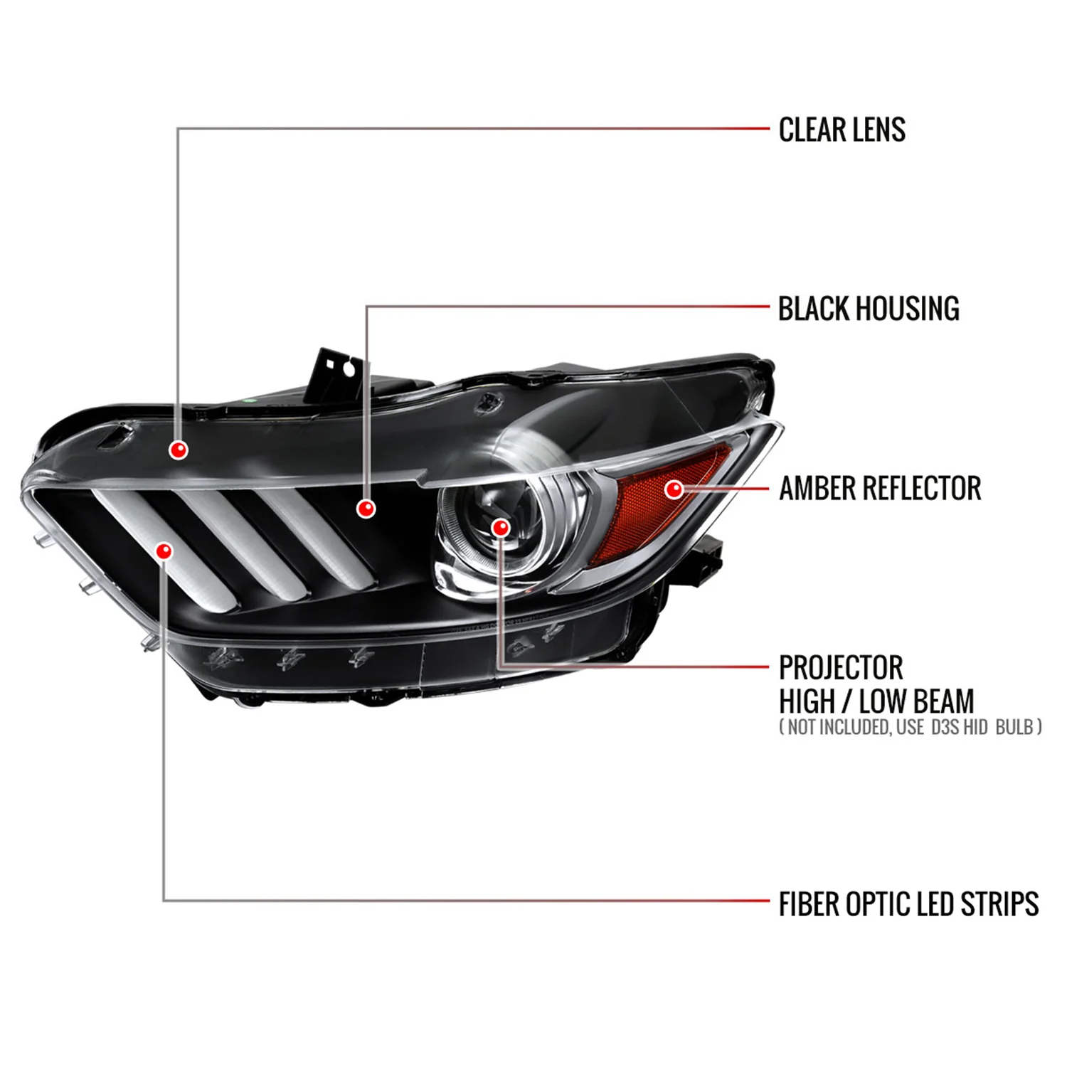 2015-2017 Ford Mustang / 18-2020 Shelby Strip LED Xenon HID Headlights Black - Image 8