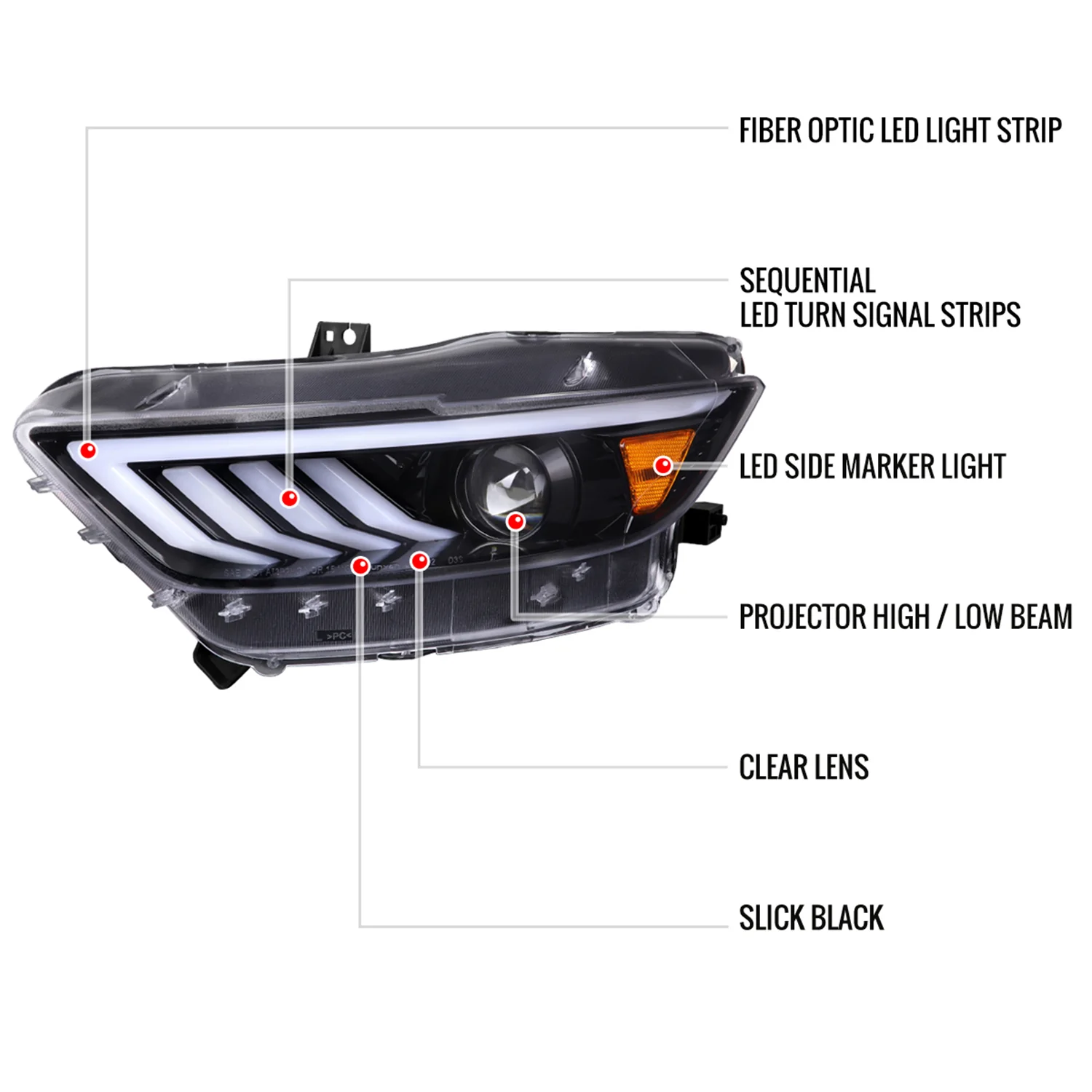 2015-2017 Ford Mustang HID-Type LED Signal Projector Headlights Jet Black - Image 8