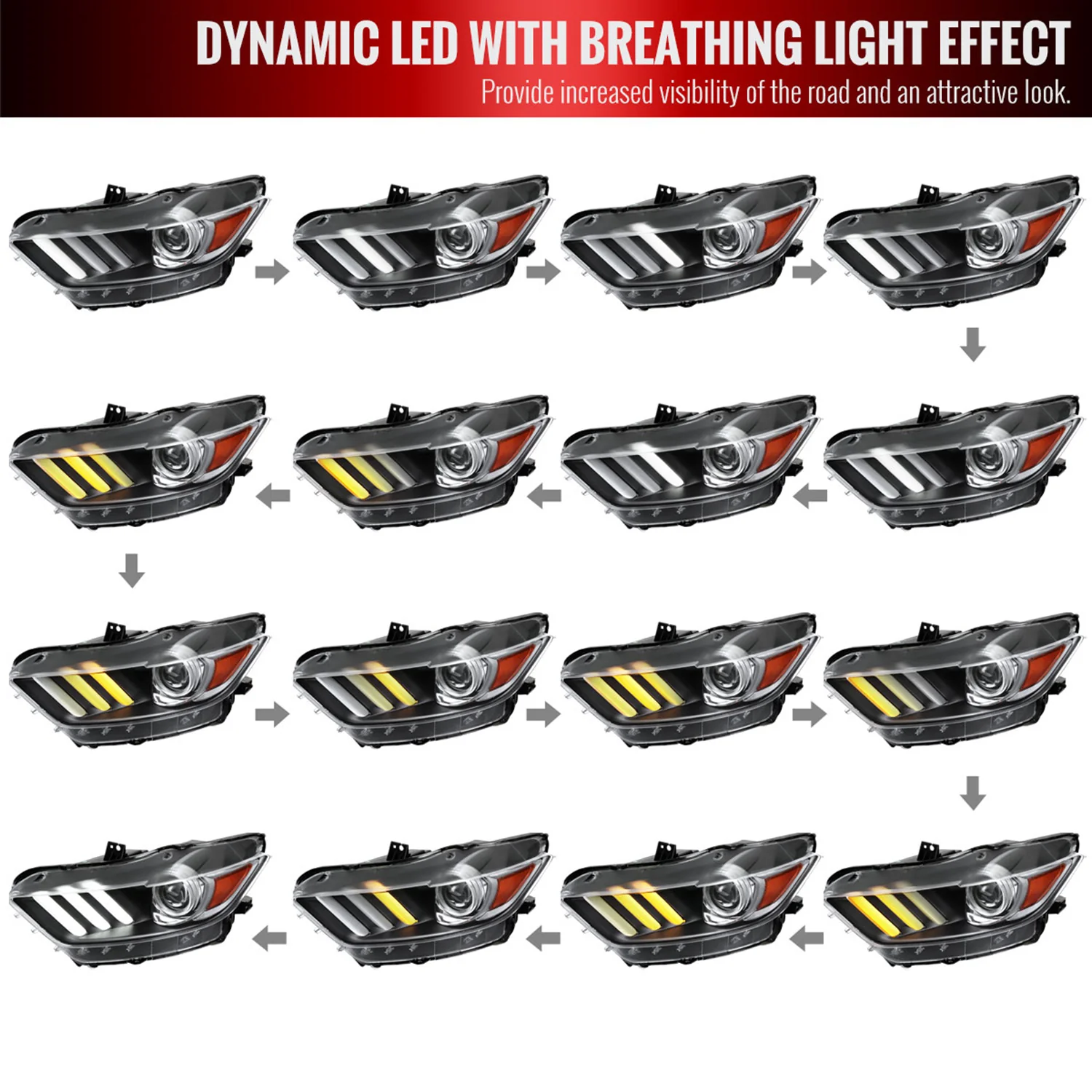 2015-2017 Ford Mustang HID/Xenon LED Turn Signal Projector Headlights Black - Image 3