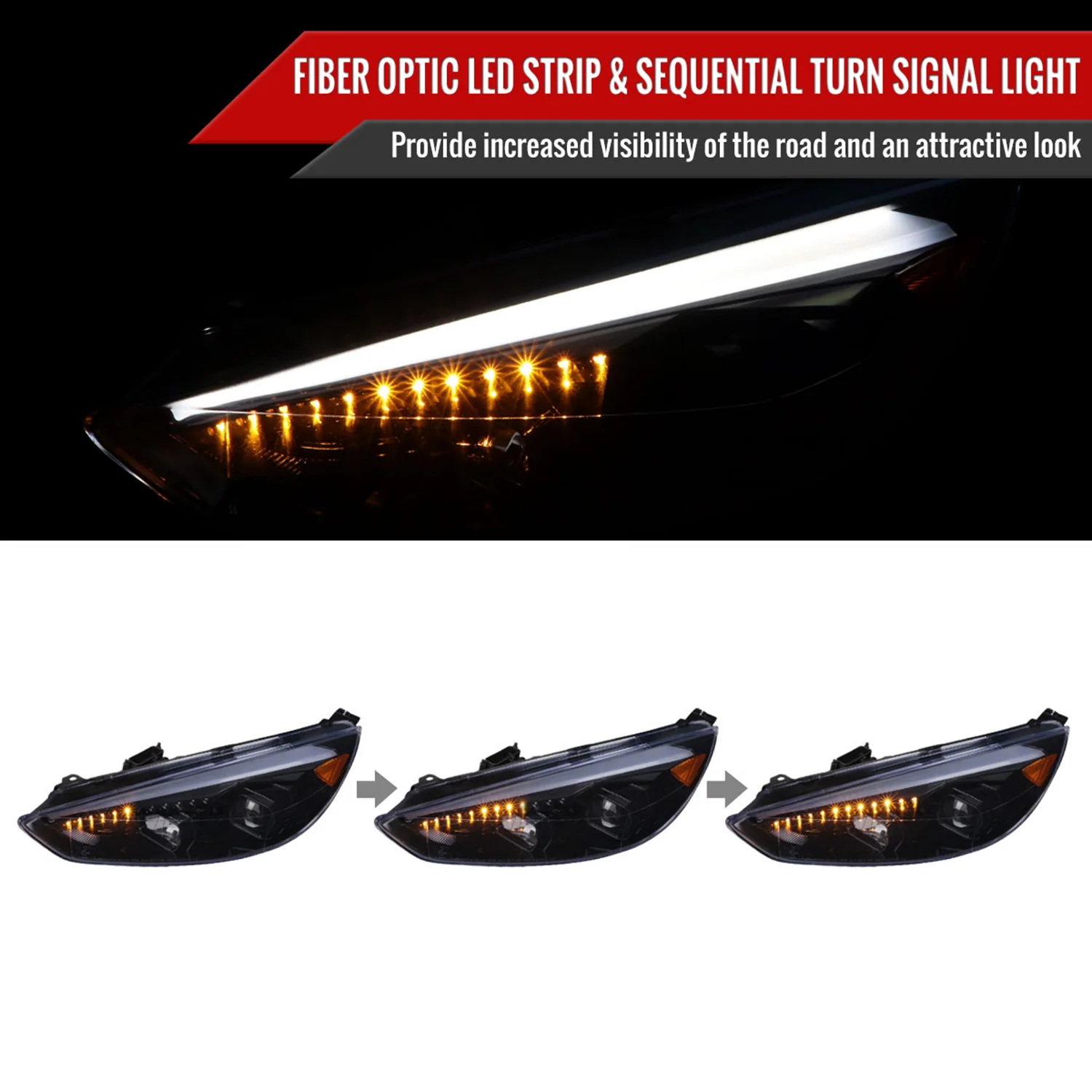 2015-2018 Ford Focus LED Sequential Signal Projector Headlights Black/Smoke - Image 2