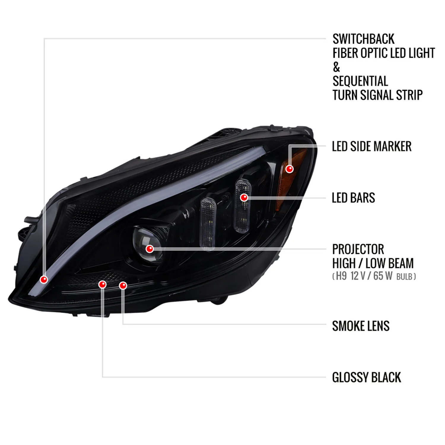 2015-2018 Mercedes-Benz C-Class W205 Signal Headlights Black/Light Smoke - Image 8