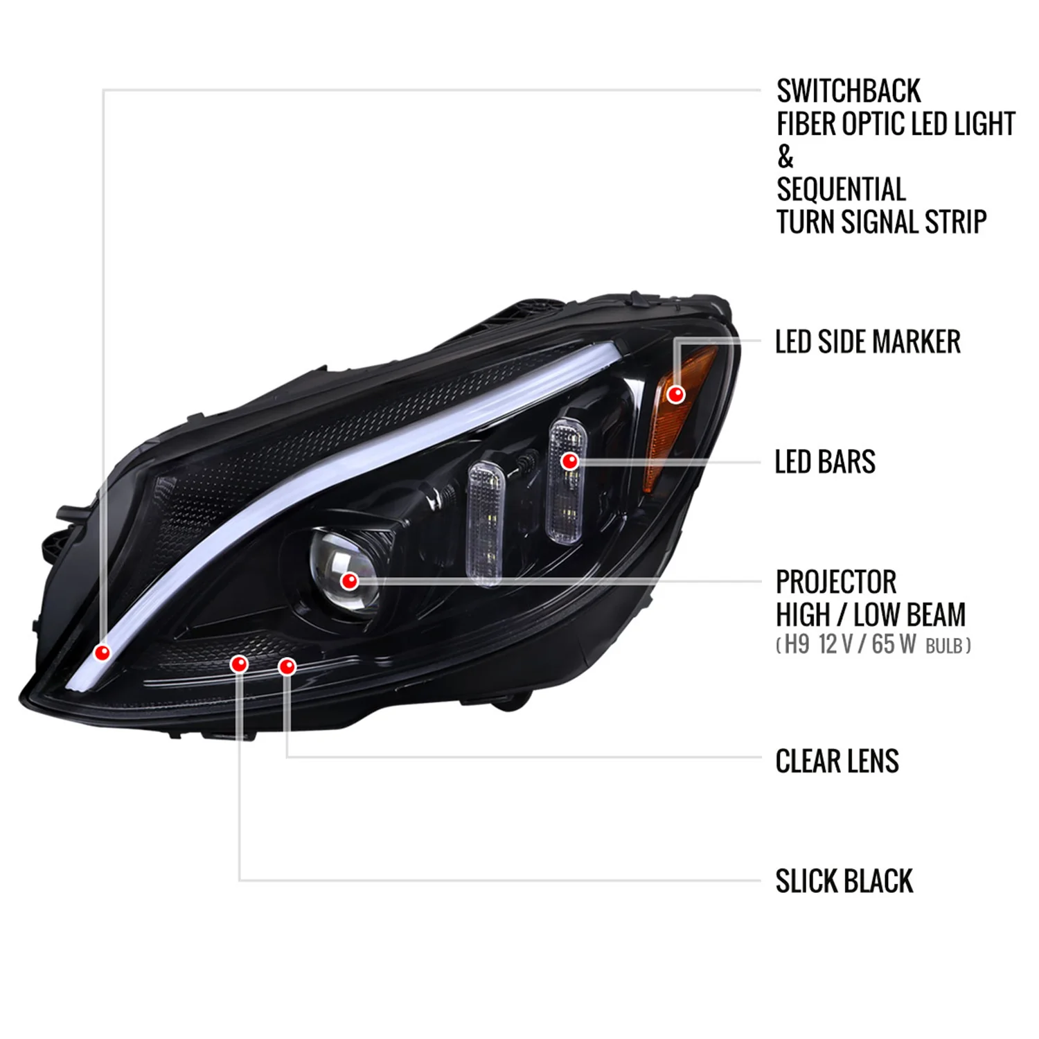 2015-2018 Mercedes-Benz C-Class W205 Signal Projector Headlights Jet Black - Image 8
