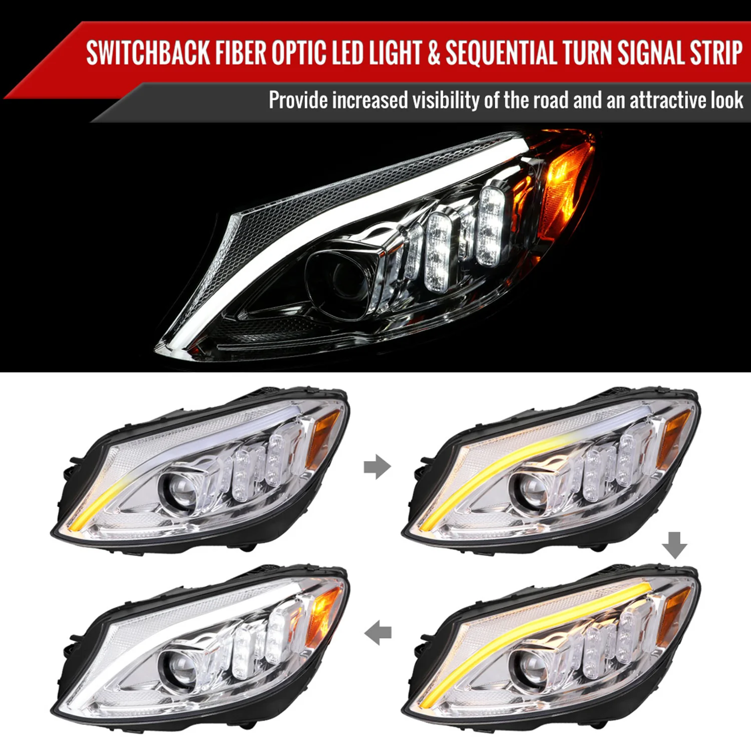 2015-2018 Mercedes-Benz C-Class W205 Turn Signal Projector Headlights Chrome - Image 2