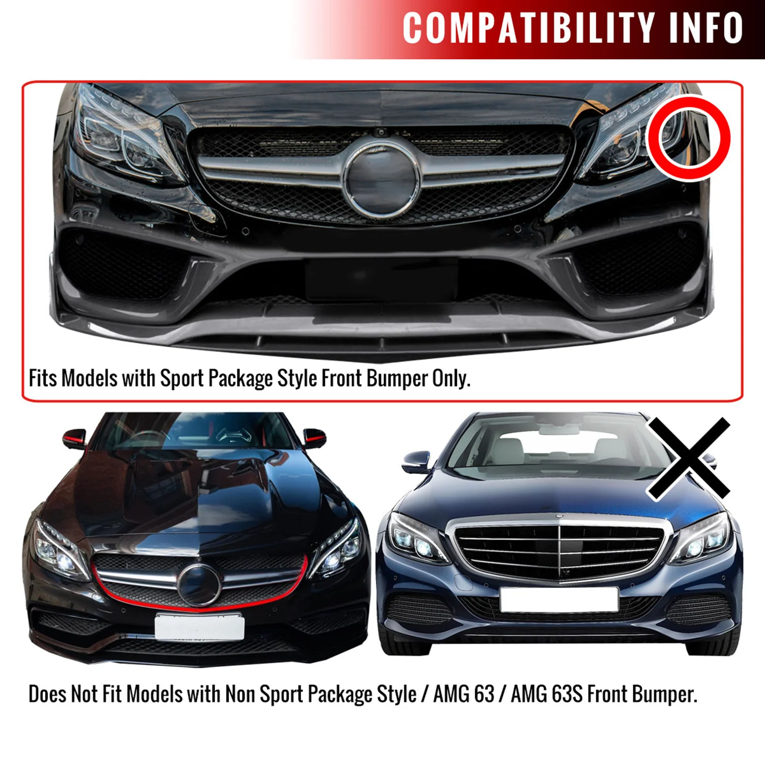 2015-2018 Mercedes Benz W205 C Class Glossy Black 3Pcs Bumper Lip Spoiler - Image 9