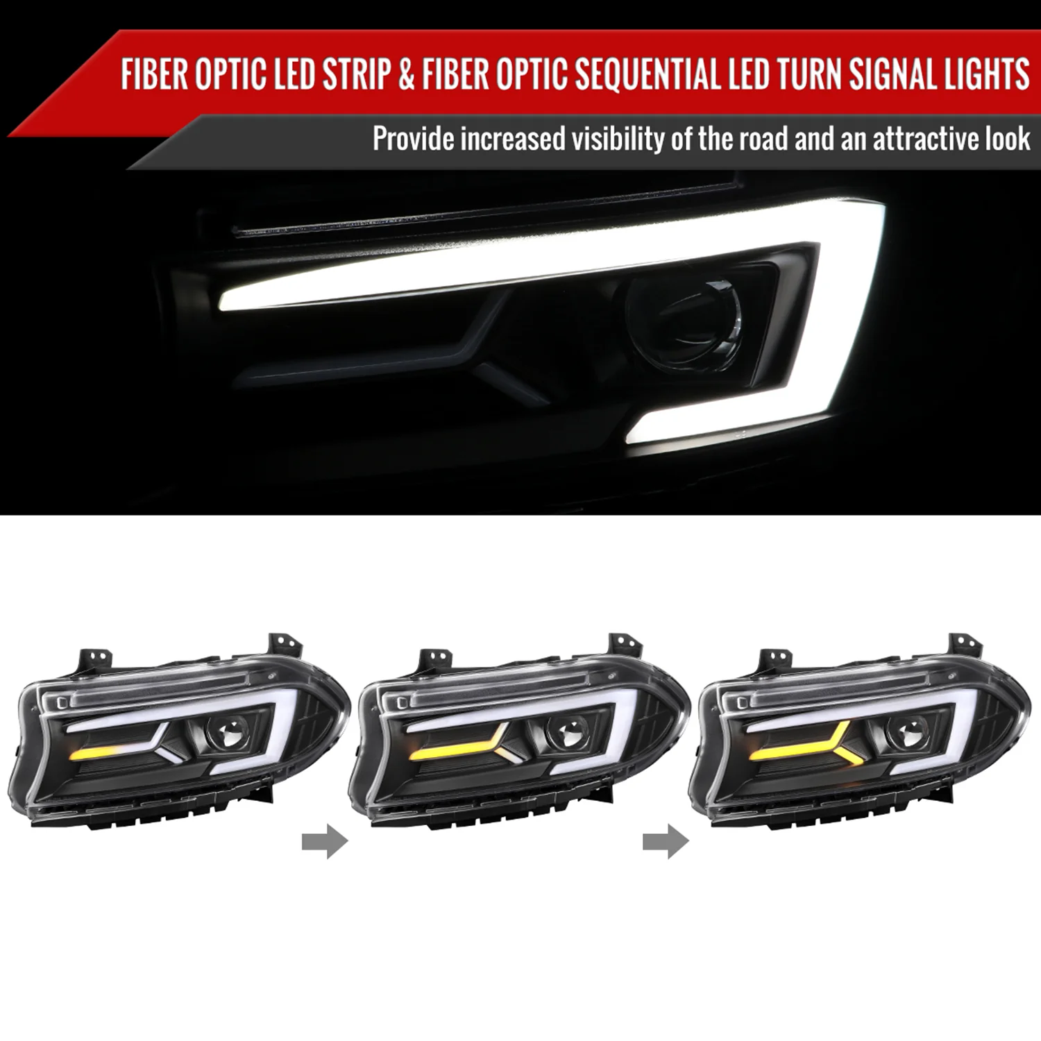 2015-2023 Dodge Charger LED Projector Headlights LED Turn Signal Black - Image 2