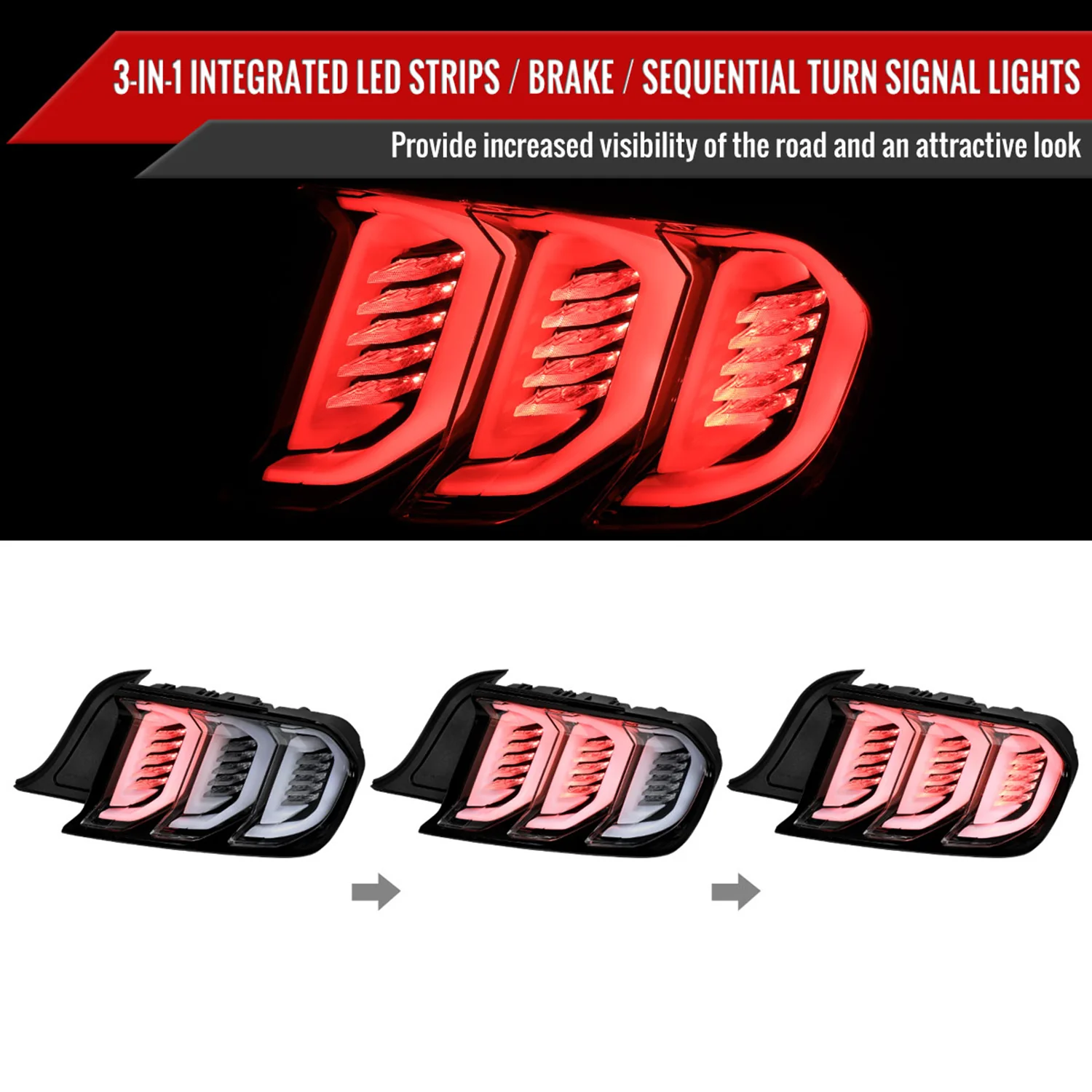 2015-2023 Ford Mustang Sequential Signal LED Tail Lights Jet Black/Clean Lens - Image 2