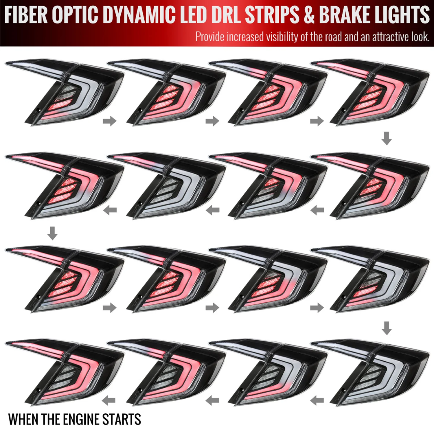 2016-2021 Honda Civic 4DR Sedan White LED Tail Lights Signal Lamps Matt Black - Image 3