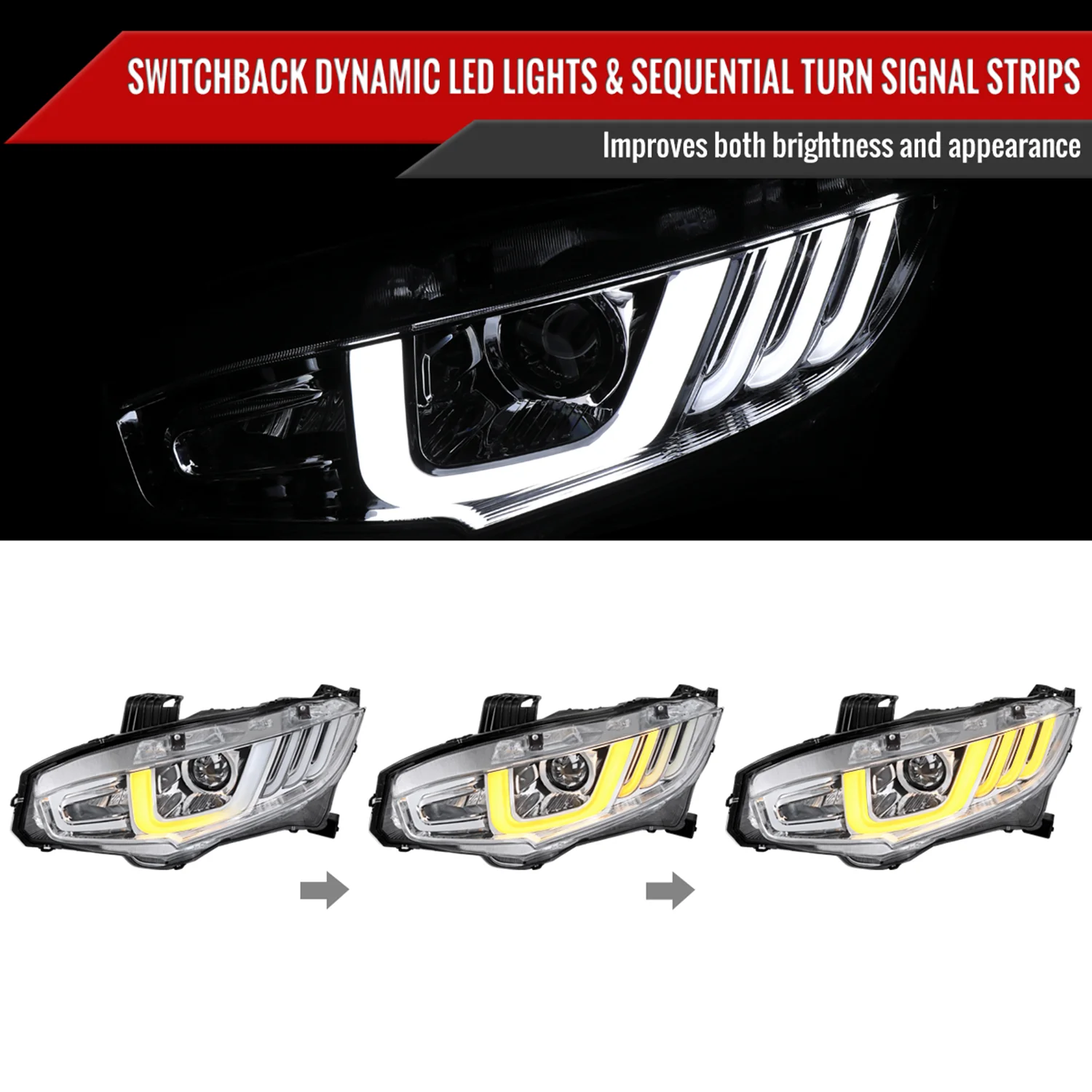 2016-2021 Honda Civic LED Headlights LED Sequential Turn Signal Chrome - Image 2