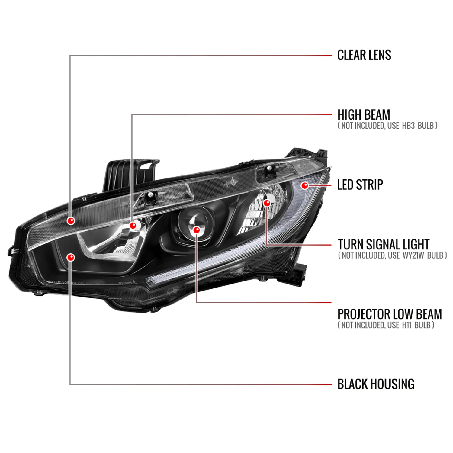 2016-2021 Honda Civic LED Strip Factory Projector Headlights Matt Black/Clear - Image 8