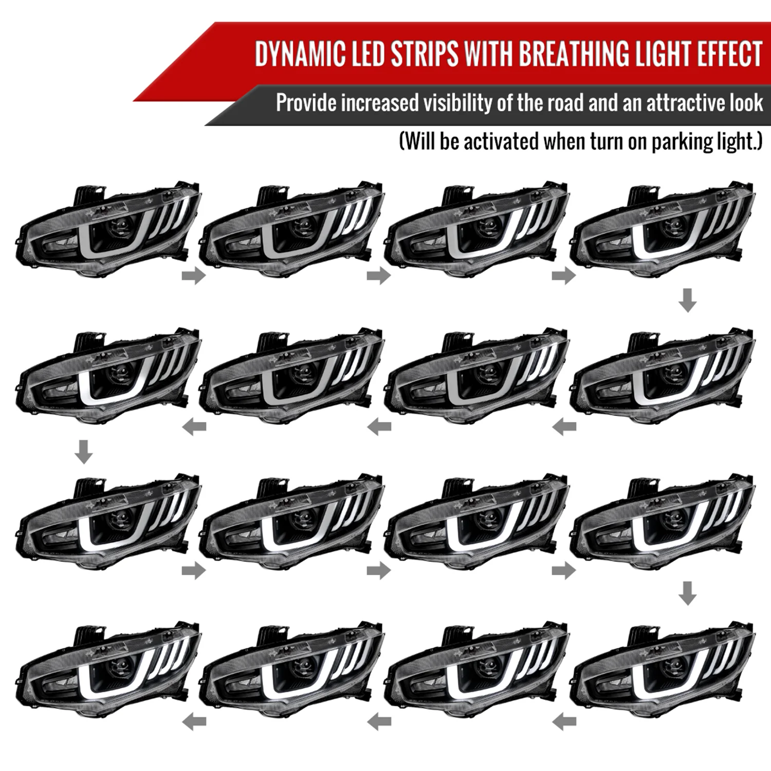 2016-2021 Honda Civic Projector Headlights LED Sequential Turn Signal Black - Image 3