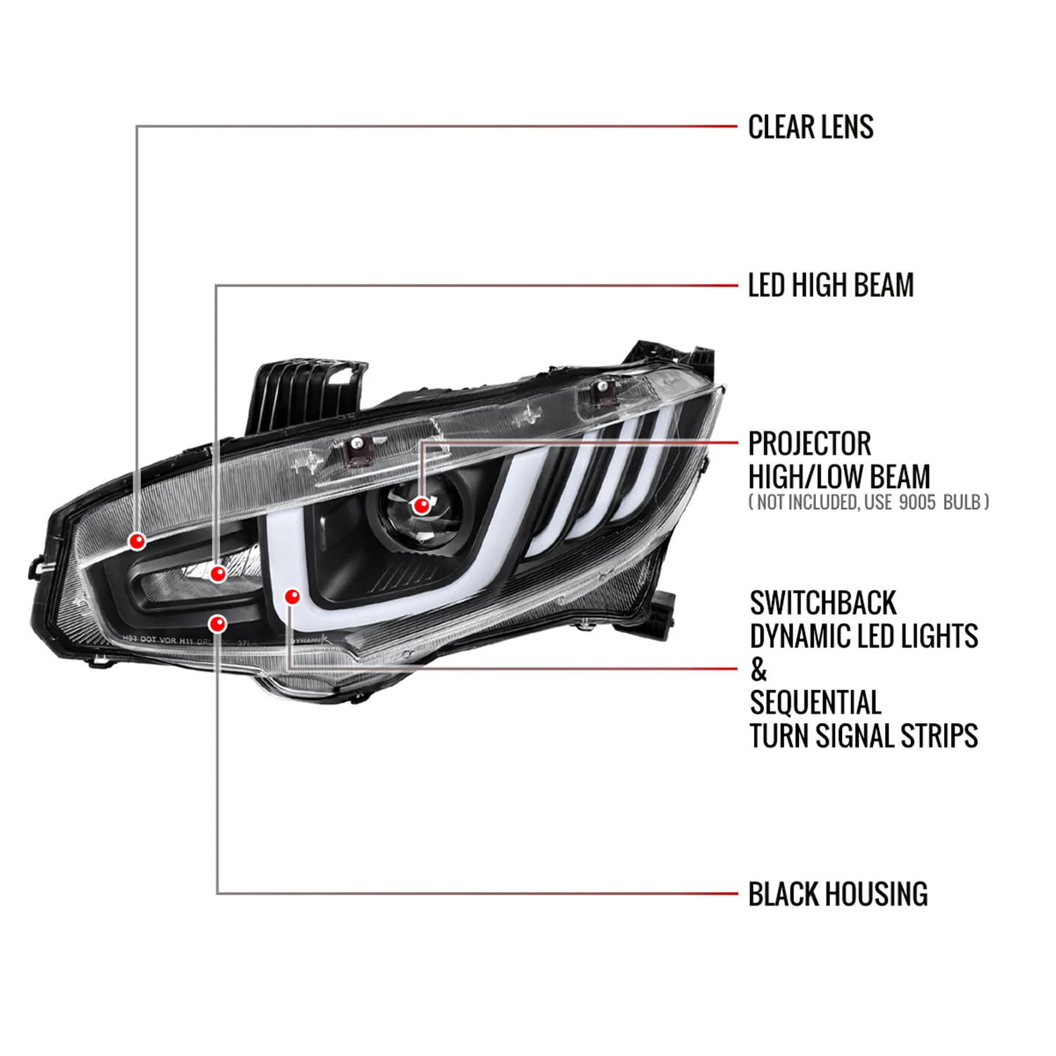 2016-2021 Honda Civic Projector Headlights LED Sequential Turn Signal Black - Image 8