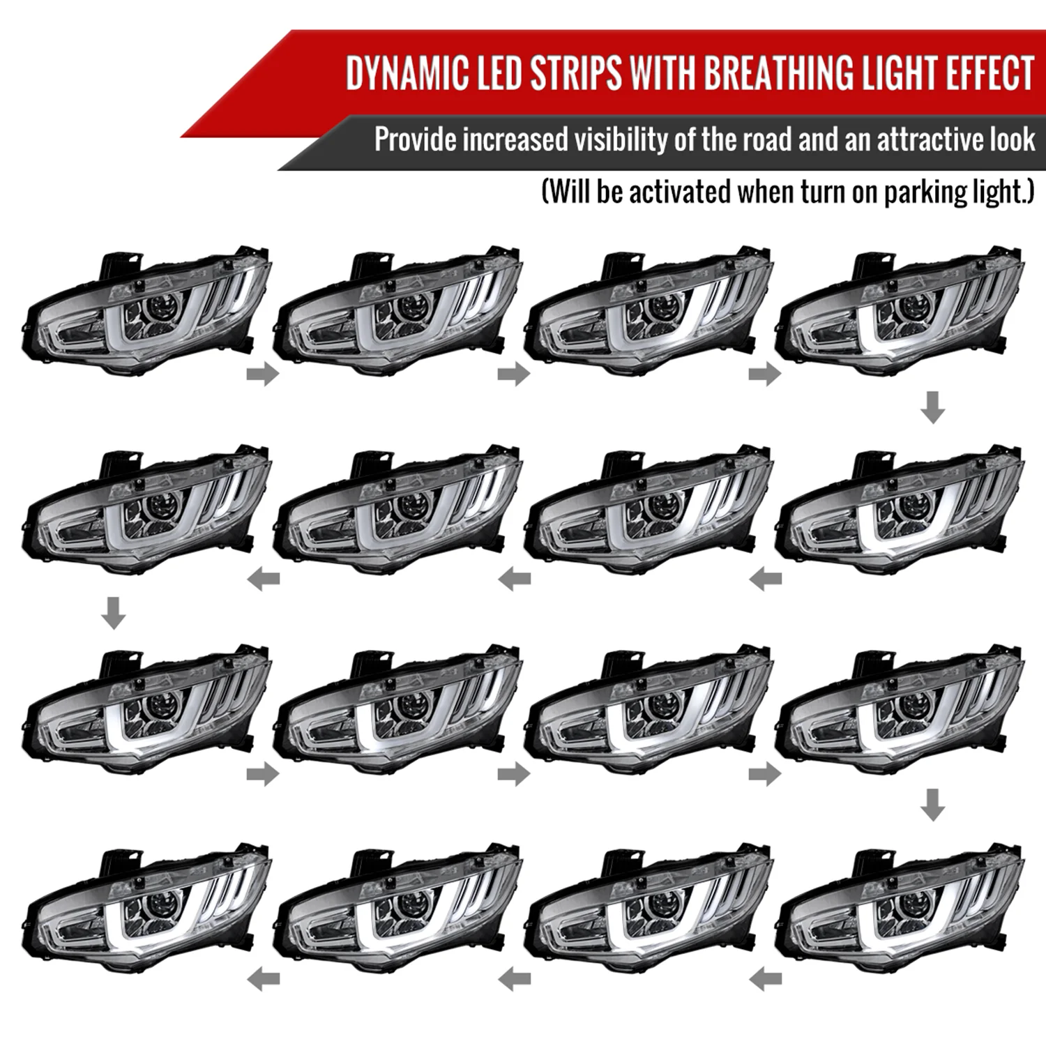 2016-2021 Honda Civic Projector Headlights LED Sequential Turn Signal Chrome - Image 3
