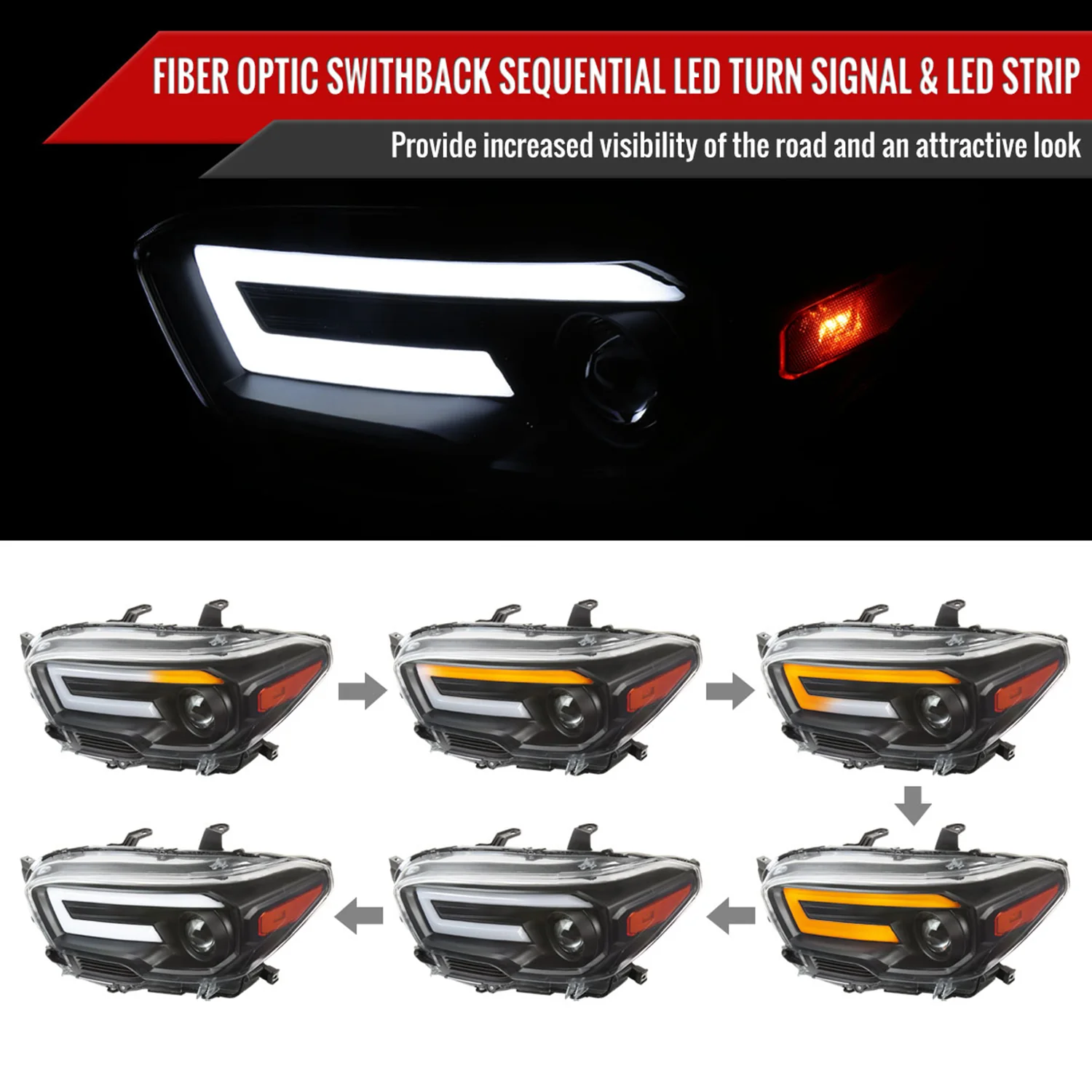 2016-2023 Toyota Tacoma Sequential LED Bar Projector Headlights Matt Black - Image 2