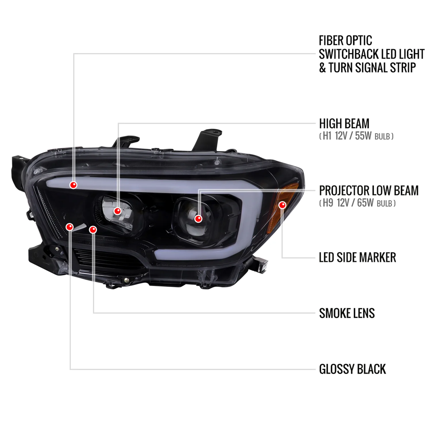 2016-2023 Toyota Tacoma Switchback LED C-Bar Projector Headlights Black/Smoke - Image 8