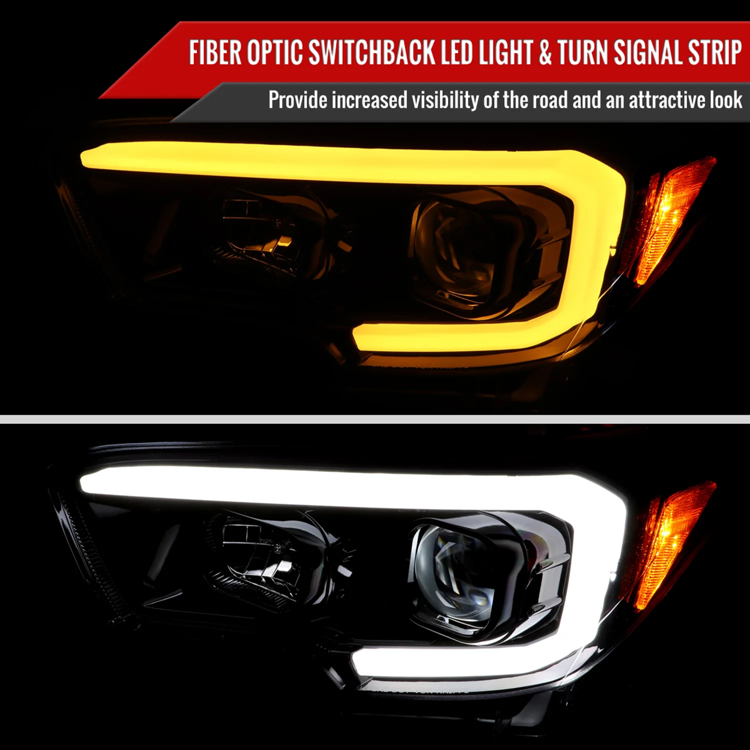 2016-2023 Toyota Tacoma Switchback LED C-Bar Projector Headlights Glossy Black - Image 2
