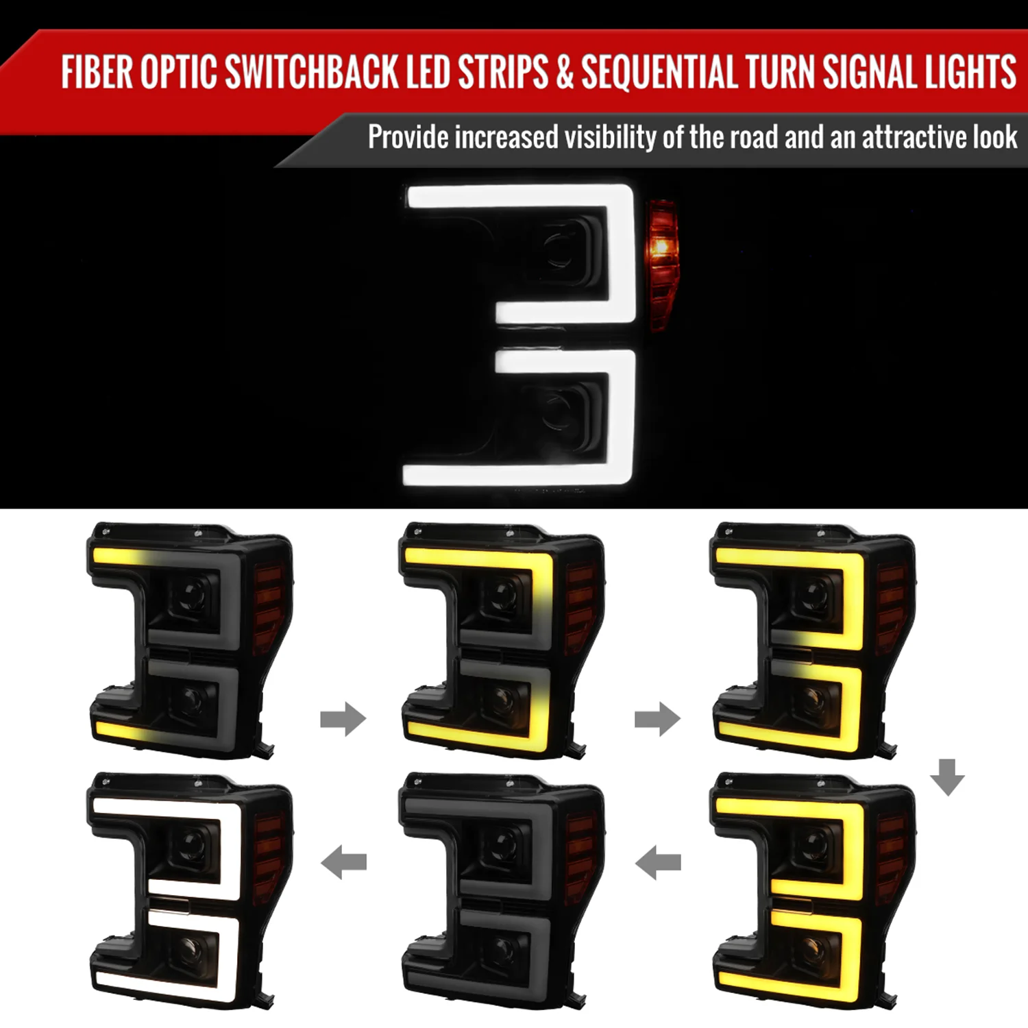 2017-2019 Ford F-250 F-350 F-450 F550 LED C-Bar Headlights Signal Glossy Black - Image 2