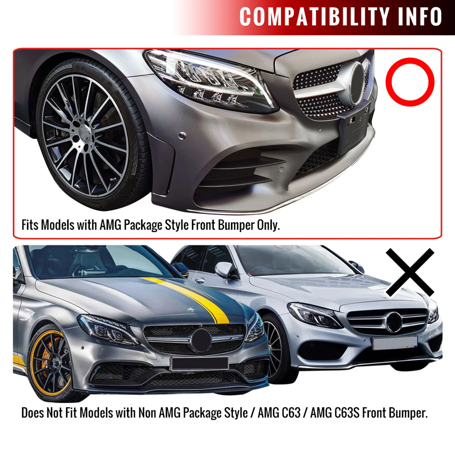 2019-2021 Mercedes W205 C Class Glossy Black/Red Front Bumper Lip Splitter Kit - Image 9