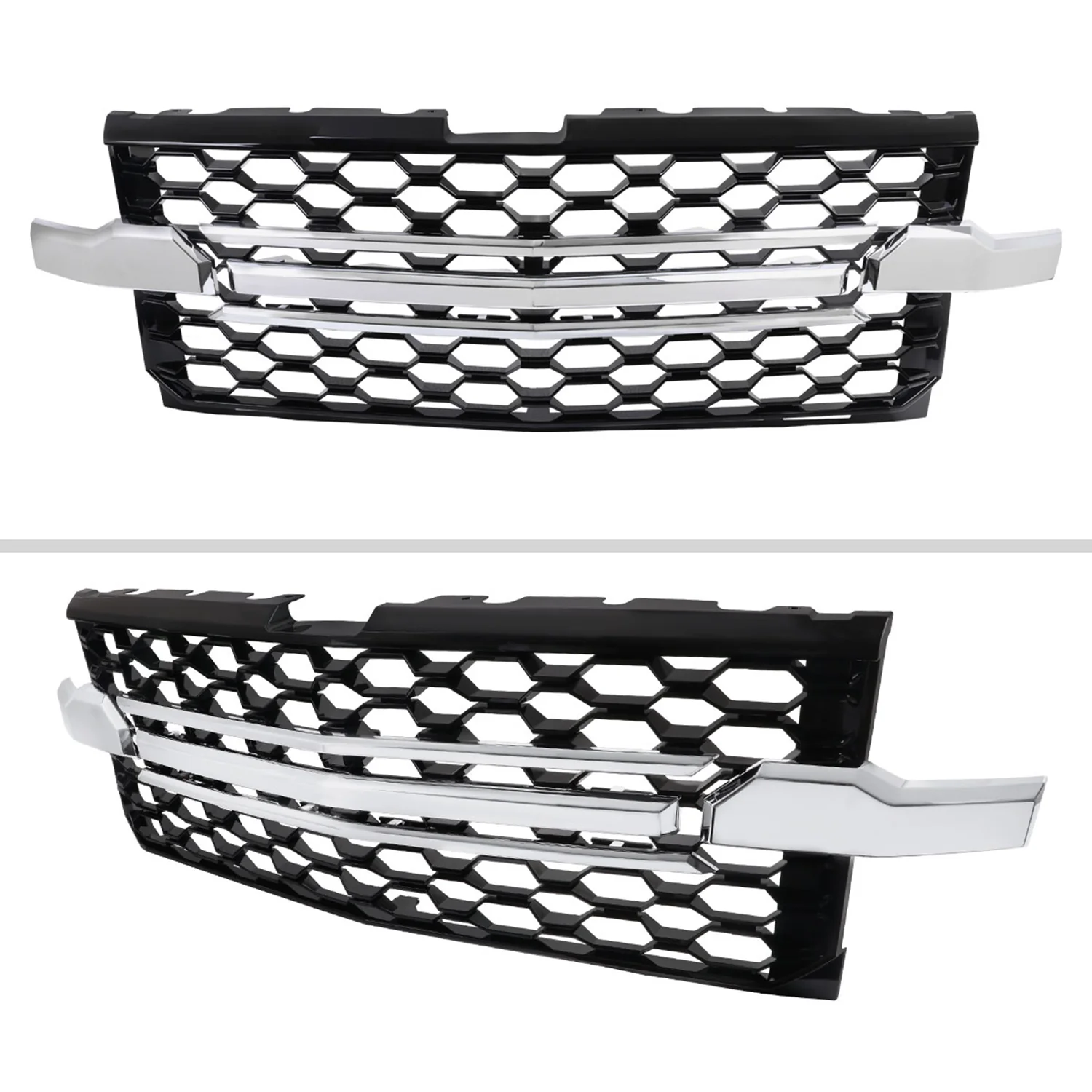 2019-2022 Chevy Silverado 1500 WT Glossy Honeycomb Hood Grille Chrome Trim - Image 2