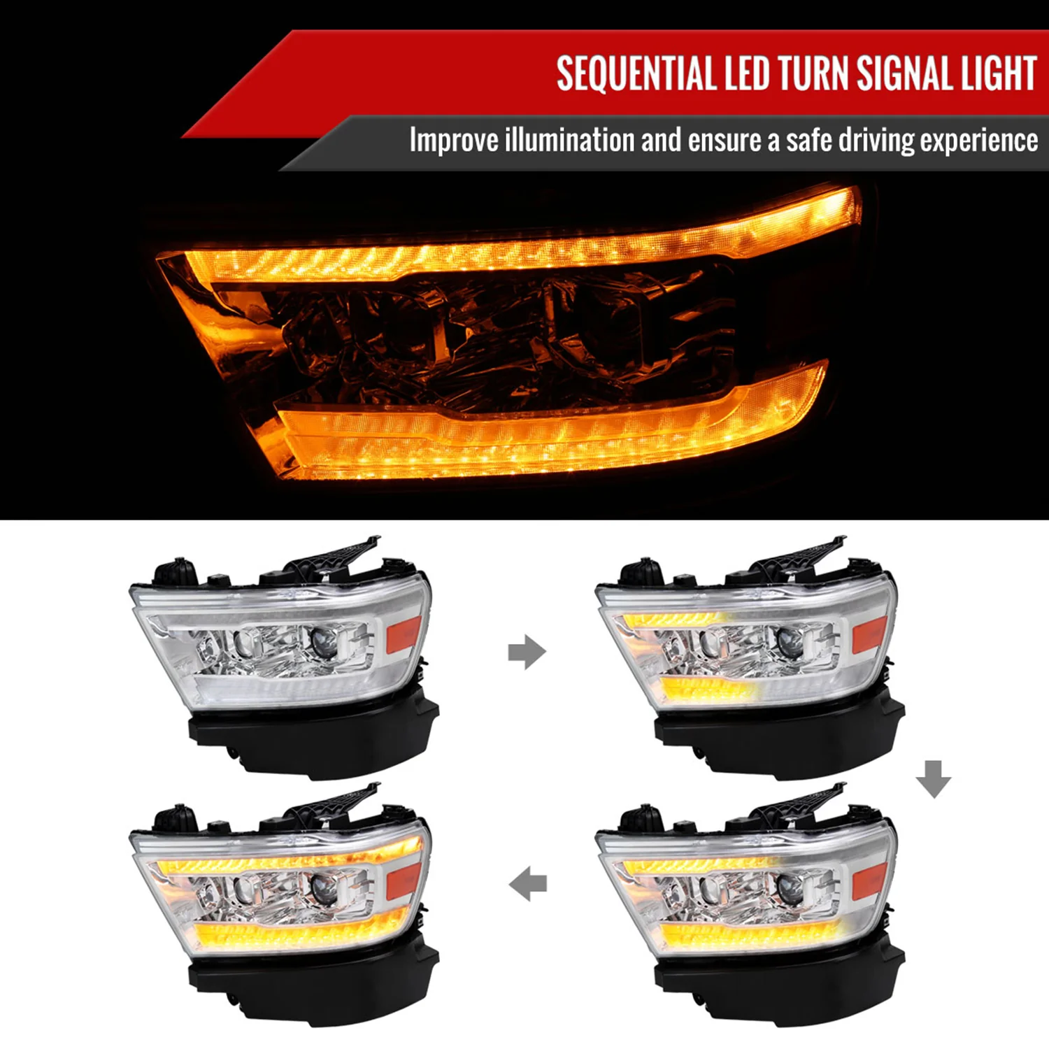 2019-2024 Dodge RAM 1500 LED Turn Signal Projector Headlights Chrome - Image 2