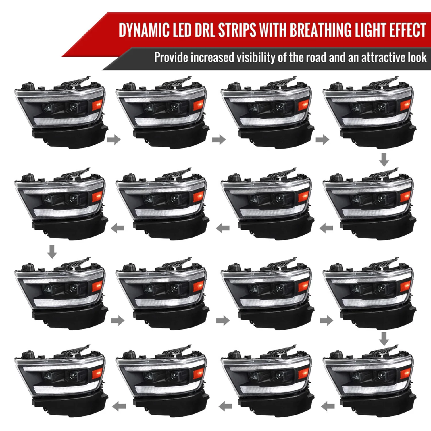2019-2024 Dodge RAM 1500 Sequential LED Turn Signal Projector Headlights Black - Image 3