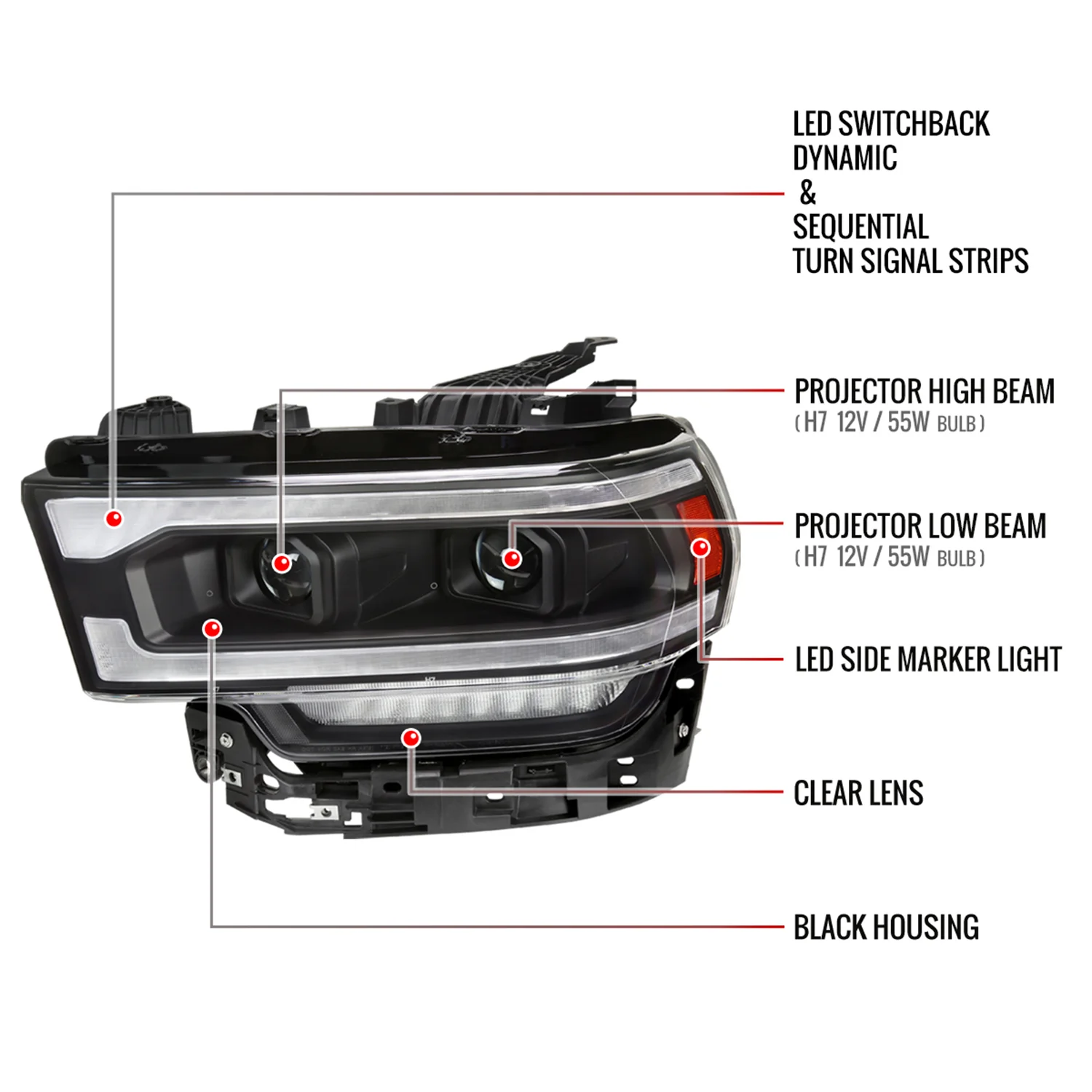 2019-2024 Dodge RAM 2500/3500/4500/5500 LED Signal Projector Headlights Black - Image 8