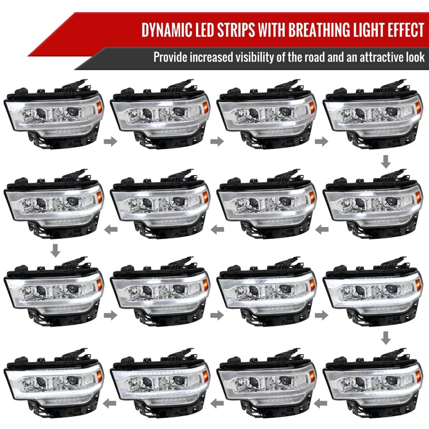 2019-2024 Dodge RAM 2500/3500/4500/5500 LED Signal Projector Headlights Chrome - Image 3