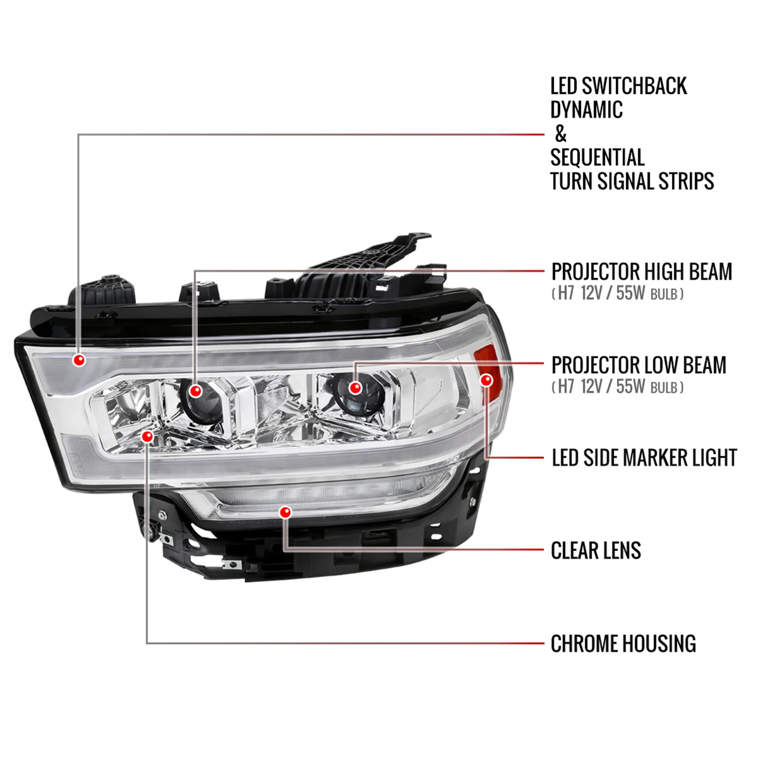 2019-2024 Dodge RAM 2500/3500/4500/5500 LED Signal Projector Headlights Chrome - Image 8