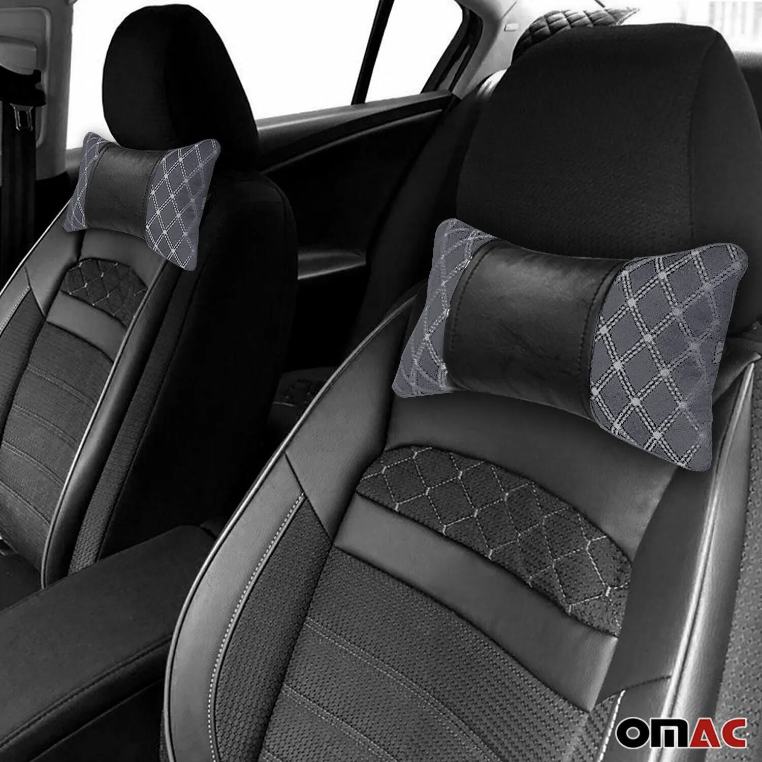 2x Car Seat Neck Pillow Head Shoulder Rest Pad Fabric and PU Leather Grey Black - Image 2