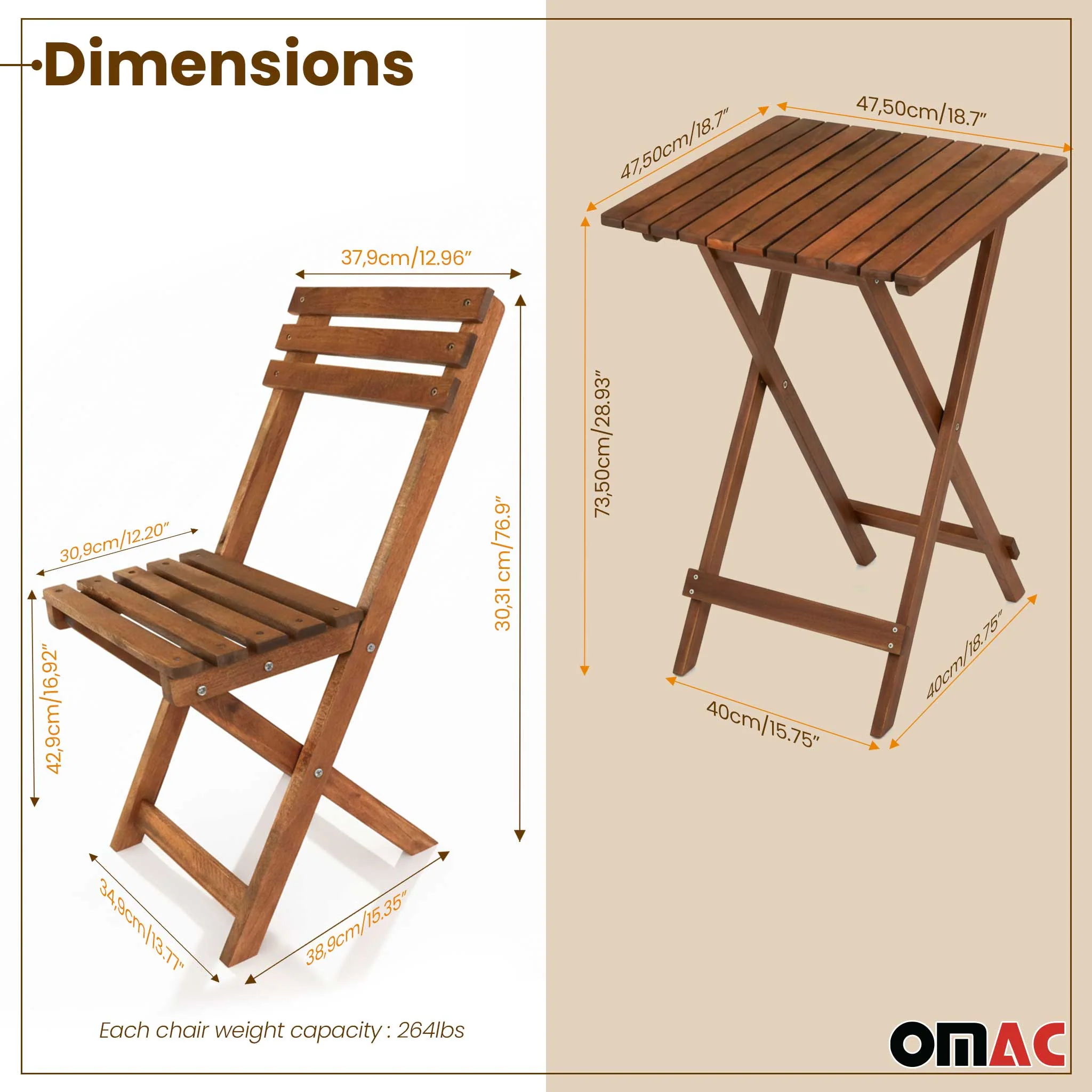 3Pcs Folding Wooden Bistro Set Dining Indoor Outdoor Furniture BBQ Picnic Party - Image 3