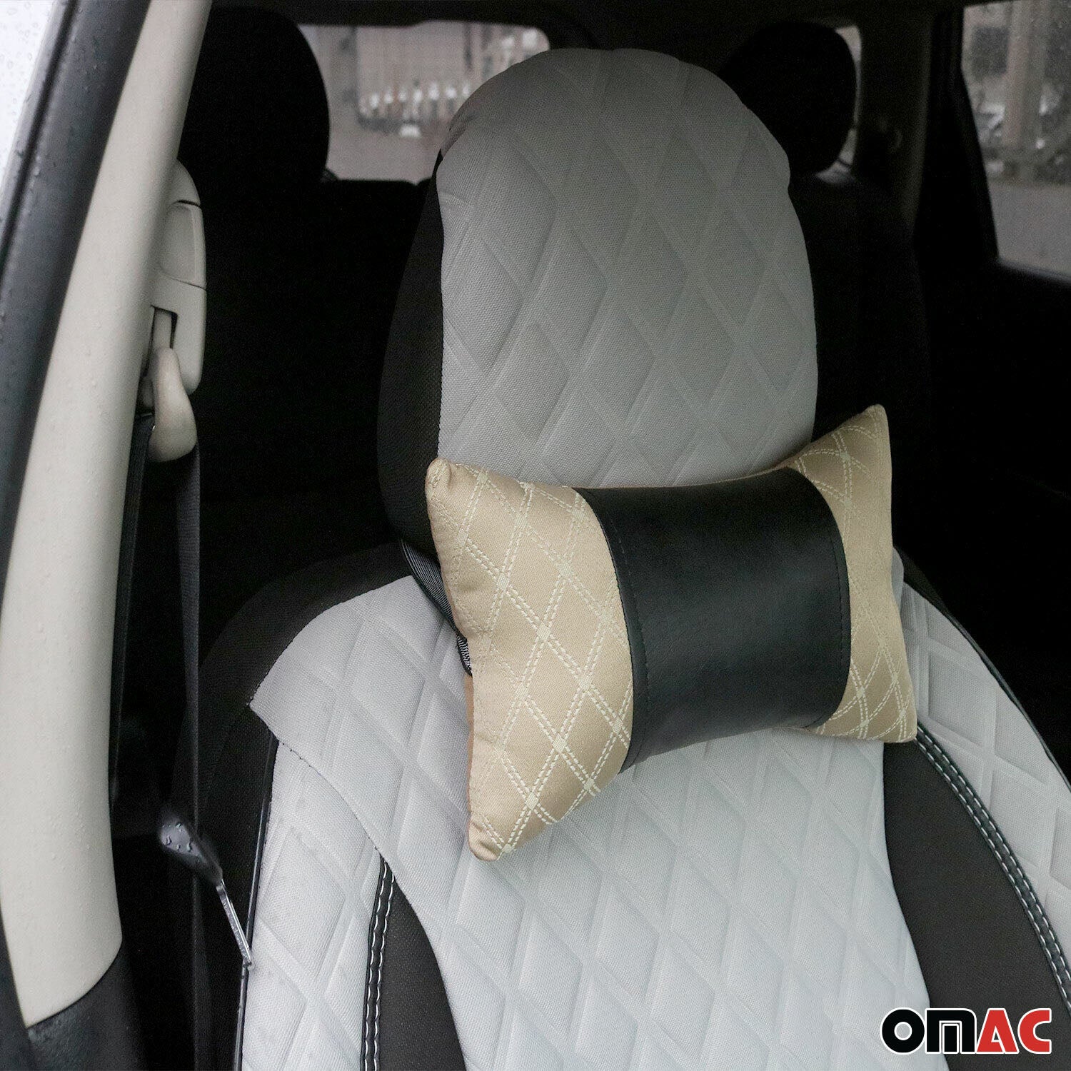 Car Seat Neck Pillow Head Shoulder Rest Pad Fabric and PU Leather Beige - Image 2
