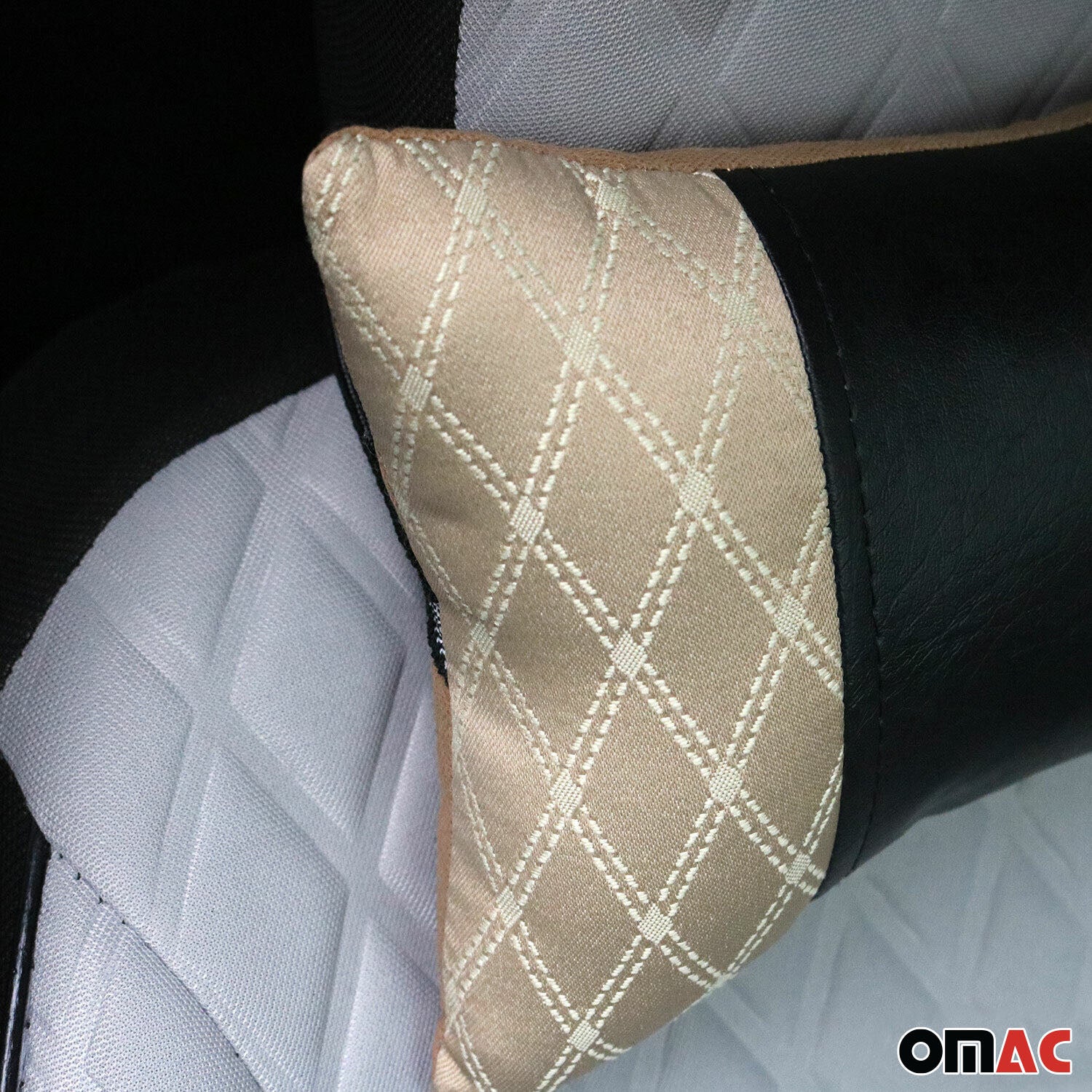 Car Seat Neck Pillow Head Shoulder Rest Pad Fabric and PU Leather Beige - Image 3
