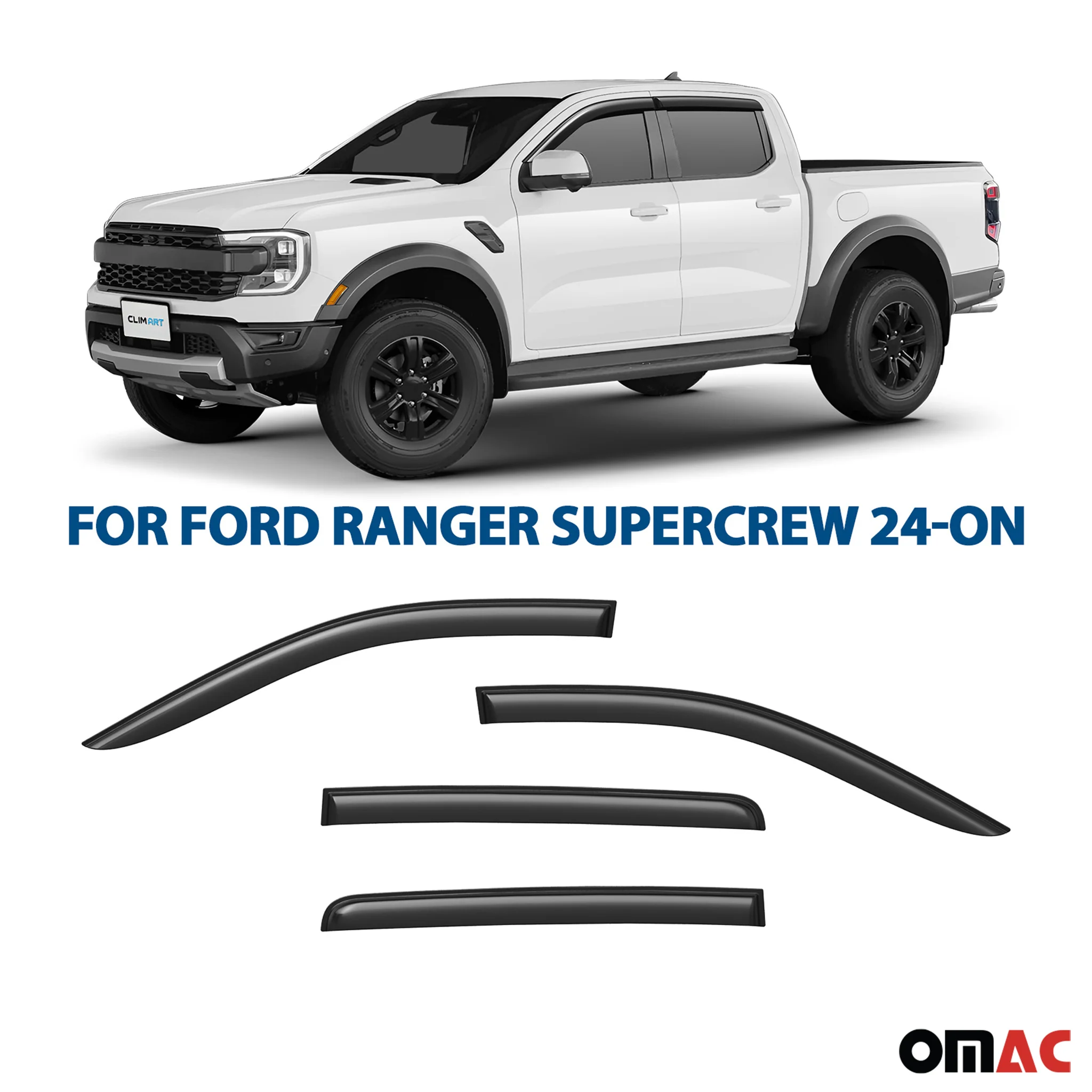 Clim Art Wind Deflectors for Ford Ranger 2024-2025 SuperCrew Tape-On 4 Pcs - Image 2
