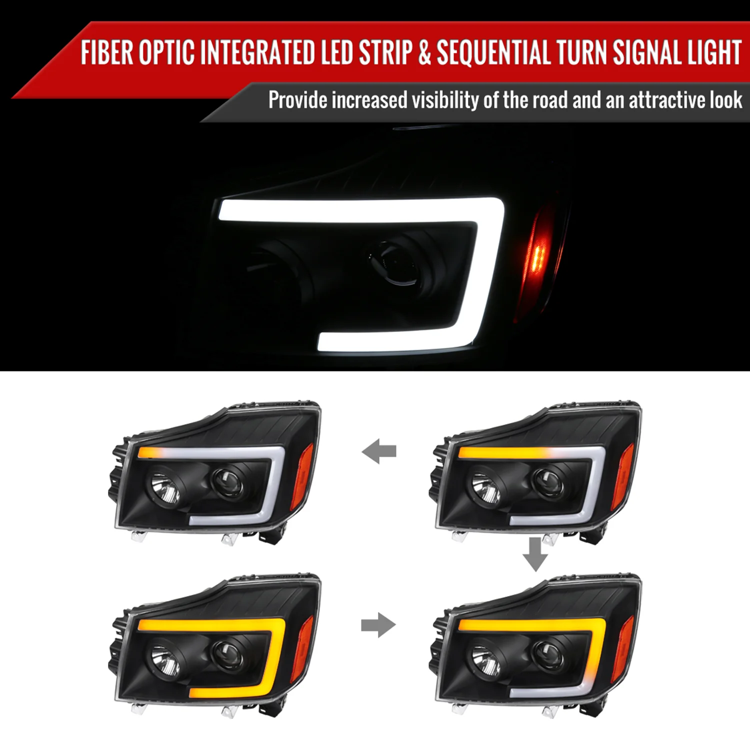 For 2004-07 Nissan Armada / Nissan Titan 2004-15 LED C-Bar Headlights Signal Black - Image 2