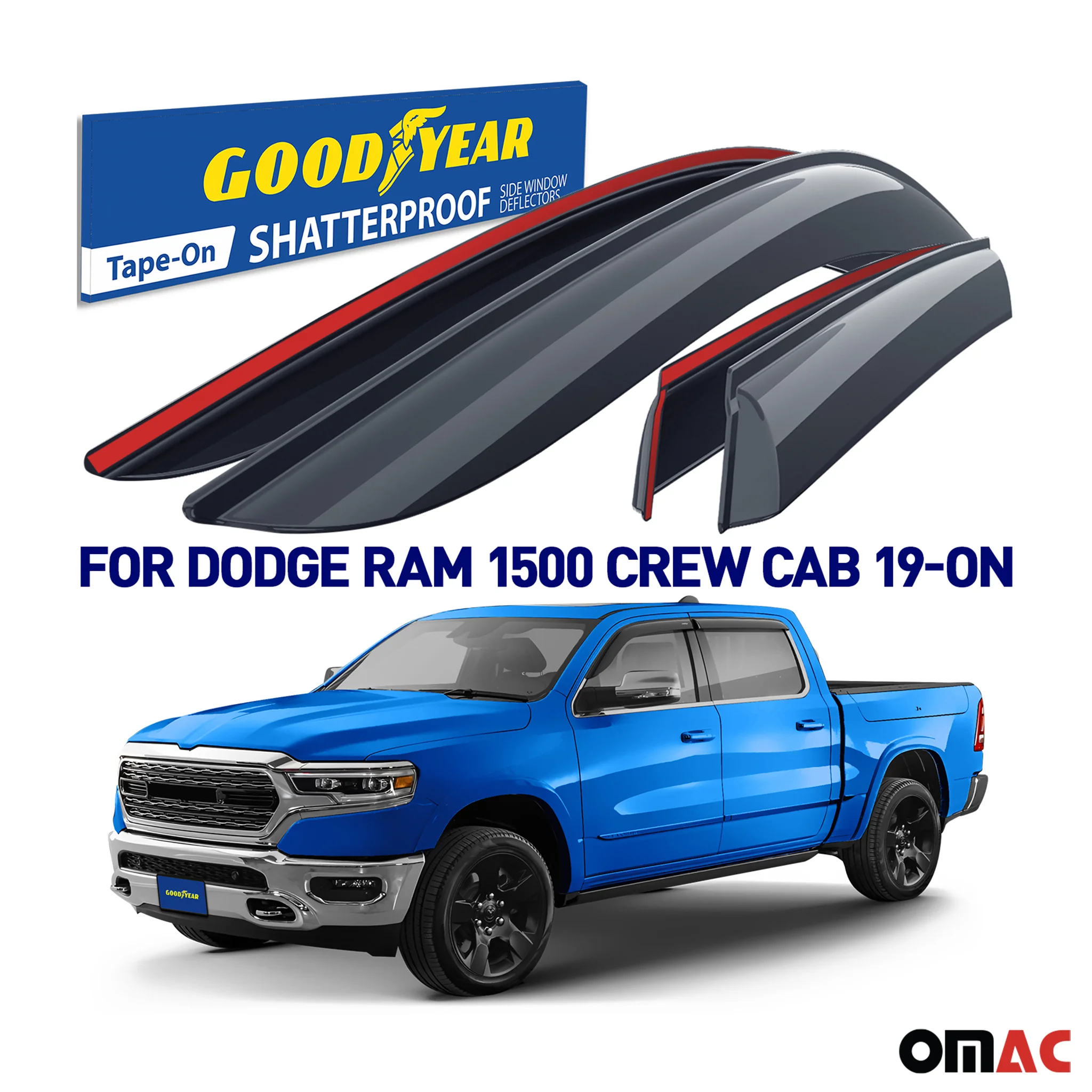 Goodyear Wind Deflectors for Dodge Ram 1500 2019-2025 Crew Cab Tape-On Smoke 4x - Image 2